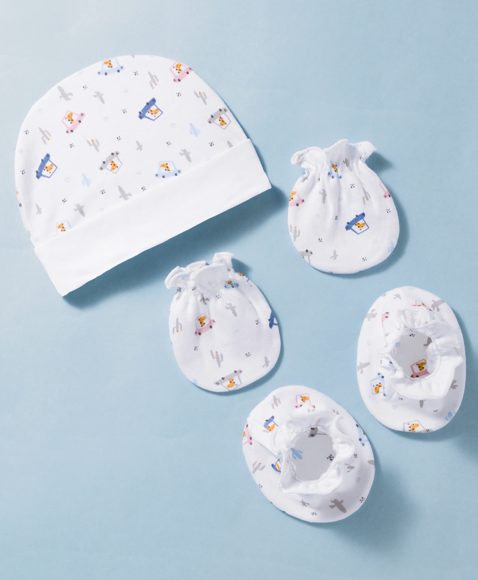 Ben Benny Interlock Knit Vehicles & Animal Printed Cap Mittens & Booties Set White - Diameter 9 cm-picture-11