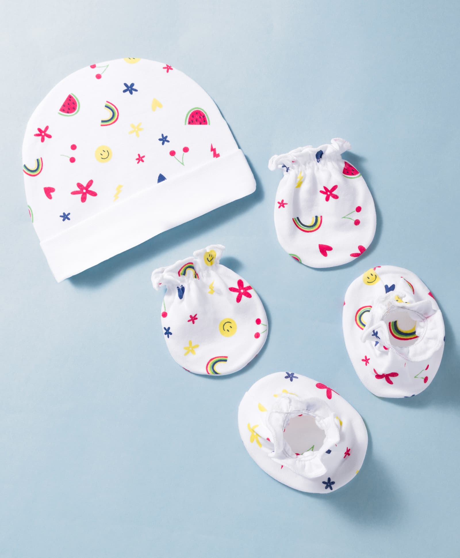 Ben Benny Interlock Knit Floral & Tropical Theme Printed Cap Mittens & Booties Set White - Diameter 9 cm-picture-20
