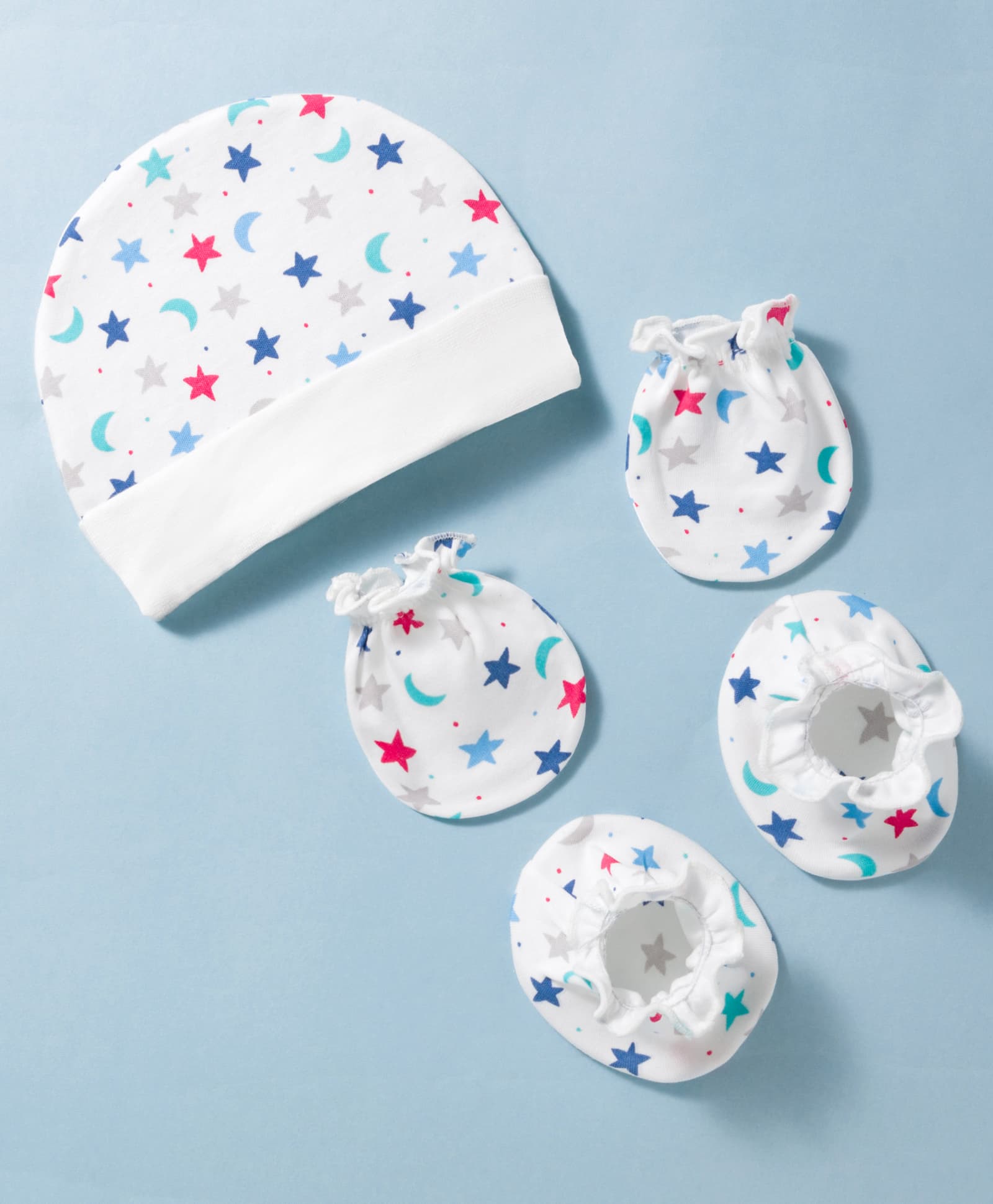 Ben Benny Interlock Knit Satr & Moon Printed Cap Mittens & Booties Set White - Diameter 9 cm-picture-10