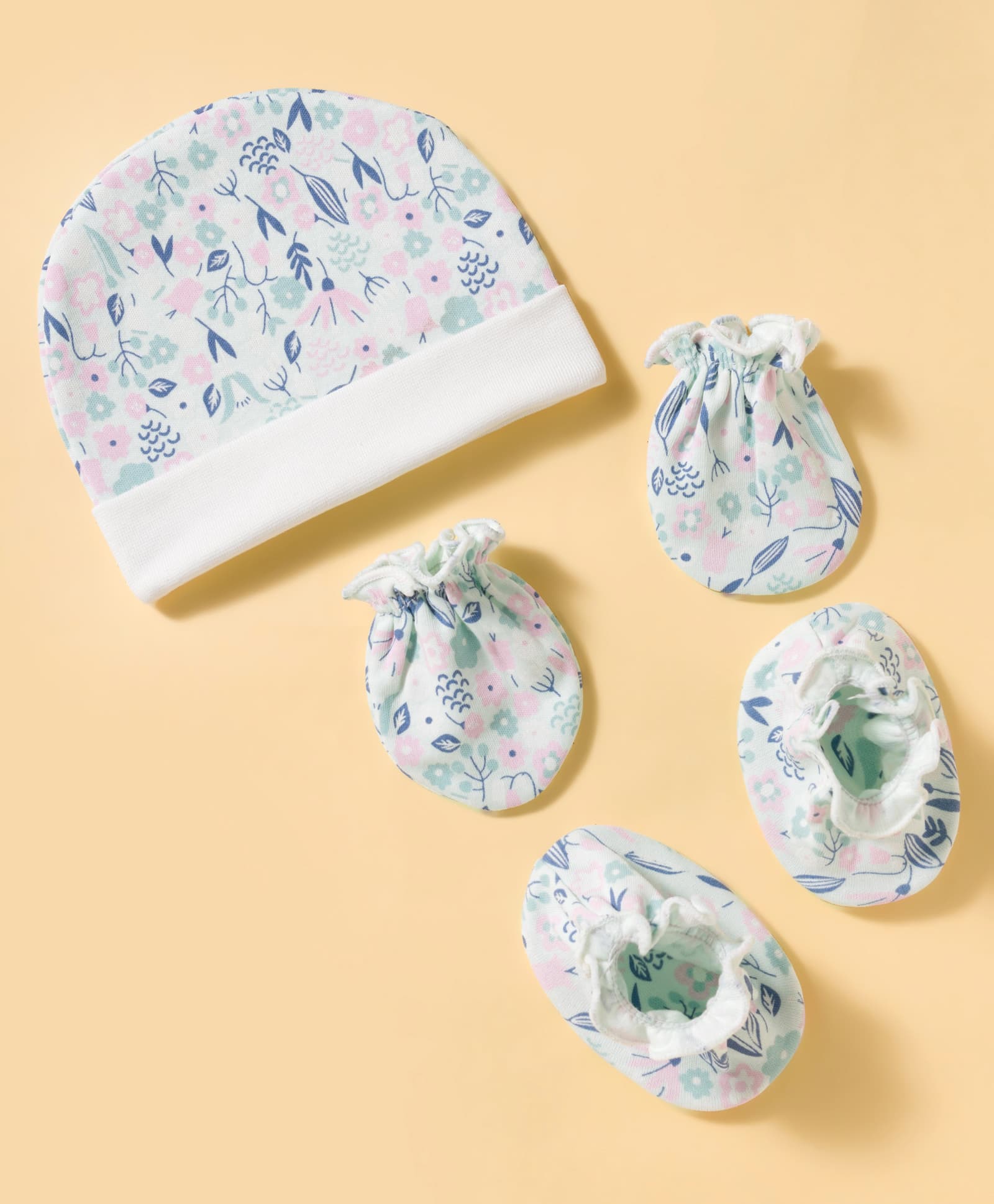 Ben Benny Interlock Knit Floral Printed Cap Mittens & Booties Set Green - Diameter 9 cm-image-32
