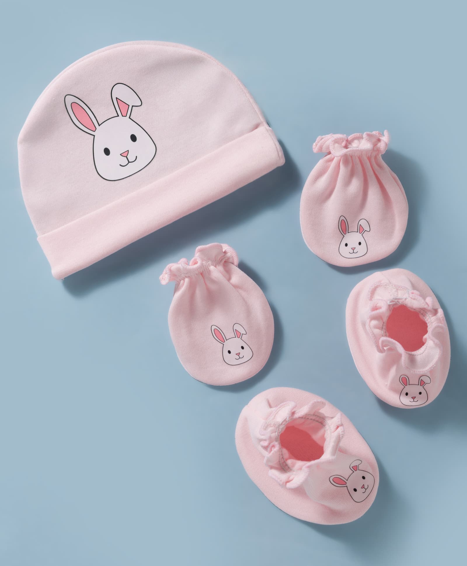 Ben Benny Interlock Knit Bunny Printed Cap Mittens & Booties Set Pink - Diameter 15.5 cm-image-49