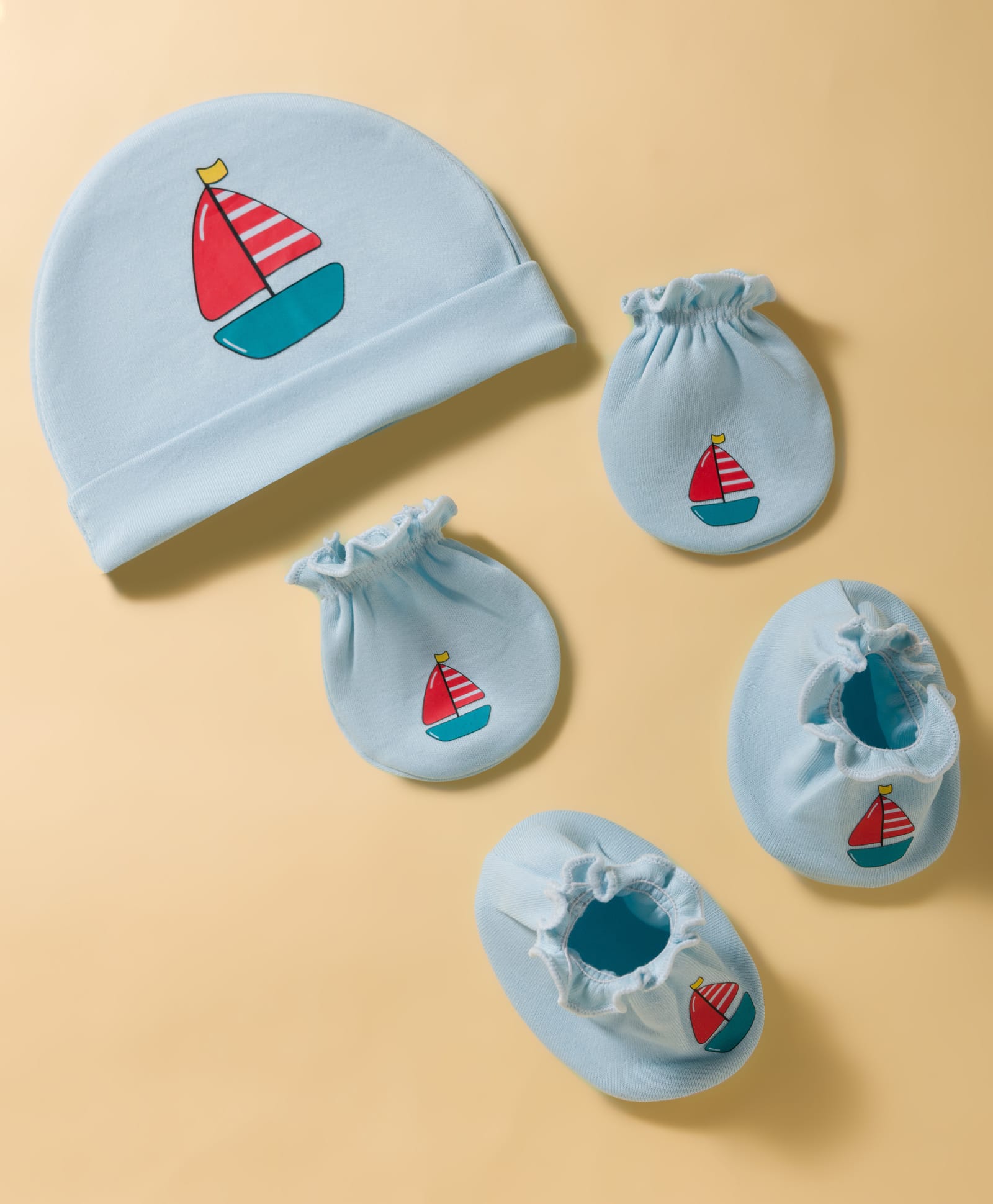 Ben Benny Interlock Knit Nautical Theme Printed Cap Mittens & Booties Set Light Blue - Diameter 15.5 cm-image-32