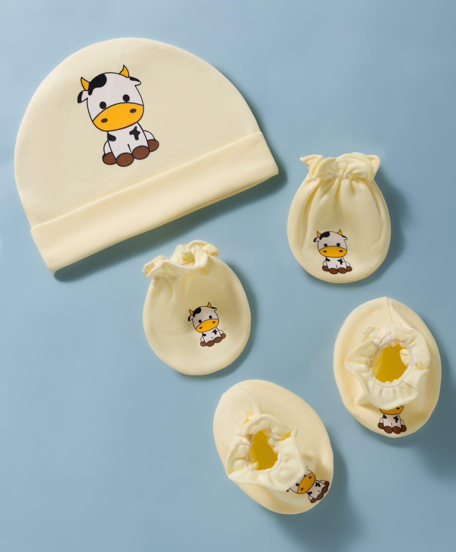 Ben Benny Interlock Knit Cow Printed Cap Mittens & Booties Set Yellow - Diameter 15.5 cm-picture-26