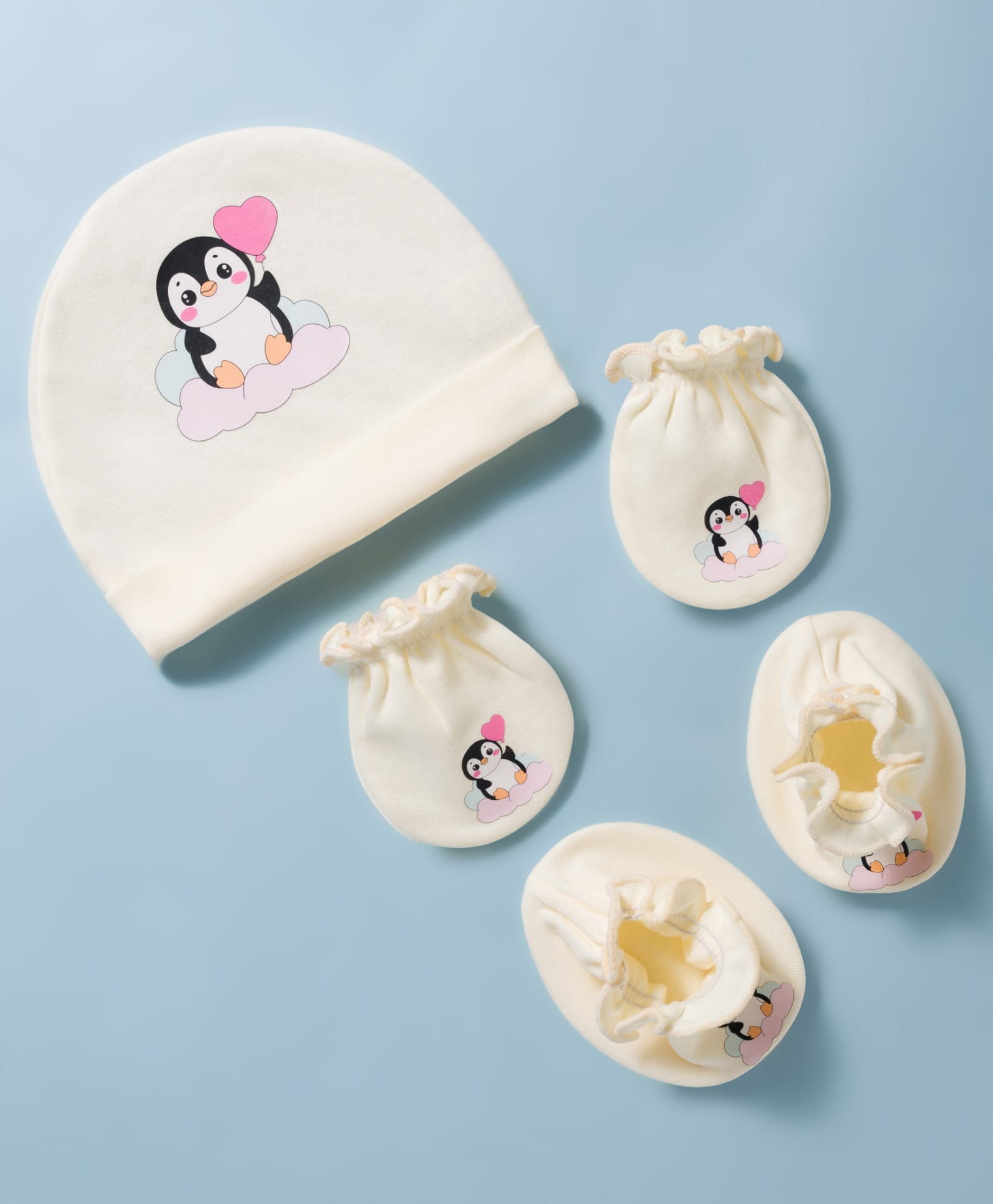 Ben Benny Interlock Knit Penguin Printed Cap Mittens & Booties Set Yellow - Diameter 15.5 cm-picture-18