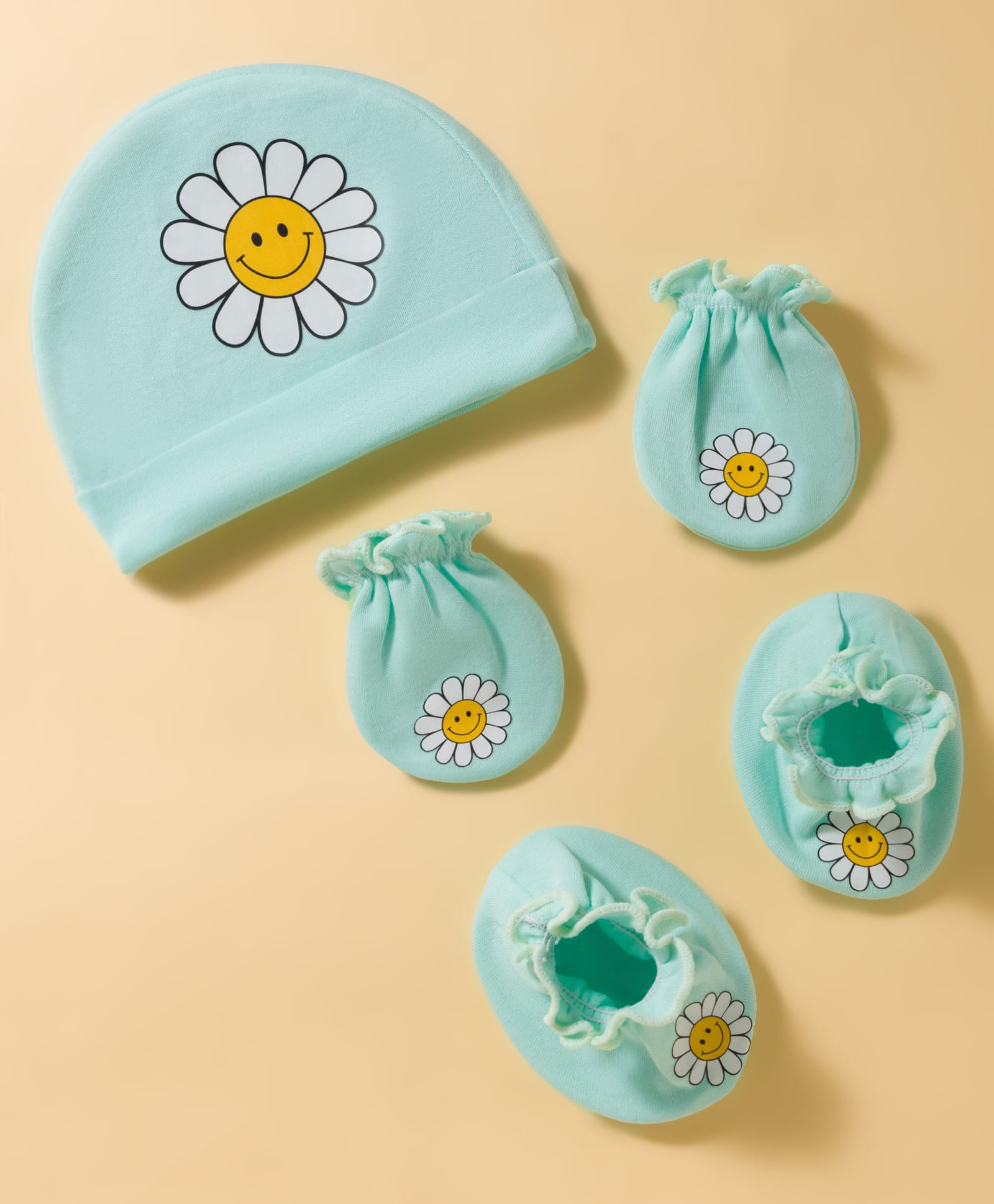 Ben Benny Interlock Knit Floral Printed Cap Mittens & Booties Set Sea Green - Diameter 15.5 cm-image-33