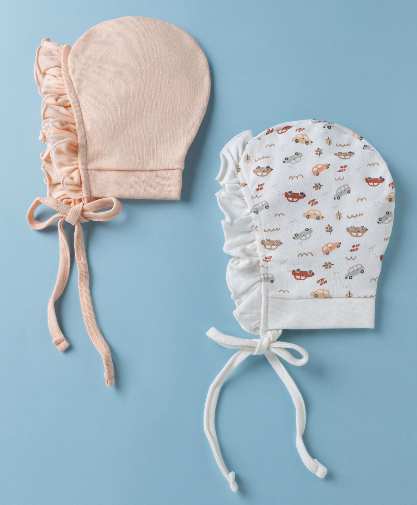 Ben Benny Interlock Knit with Frill Detailing Solid Baby Caps with Car Print White & Light Peach Pack of 2 - Diameter 9 cm-image-45