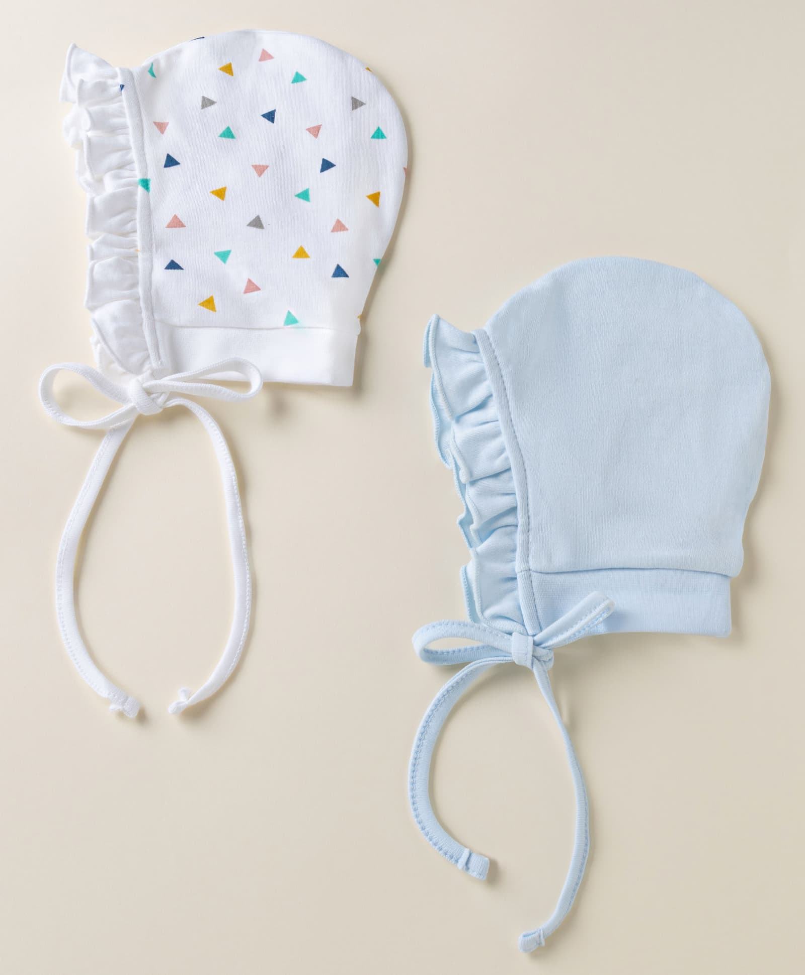 Ben Benny Interlock Knit with Frill Detailing Solid Baby Caps with Triangle Print White & Light Blue Pack of 2 - Diameter 9.5 cm-image-49