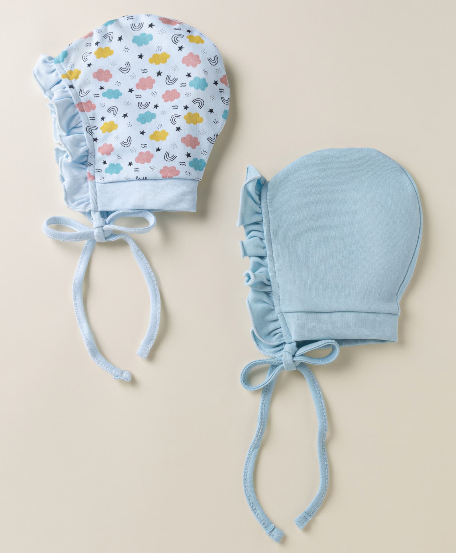 Ben Benny Interlock Knit with Frill Detailing Solid Baby Caps with Cloud & Rainbow Print Blue Pack of 2 - Diameter 9.5 cm-image-41
