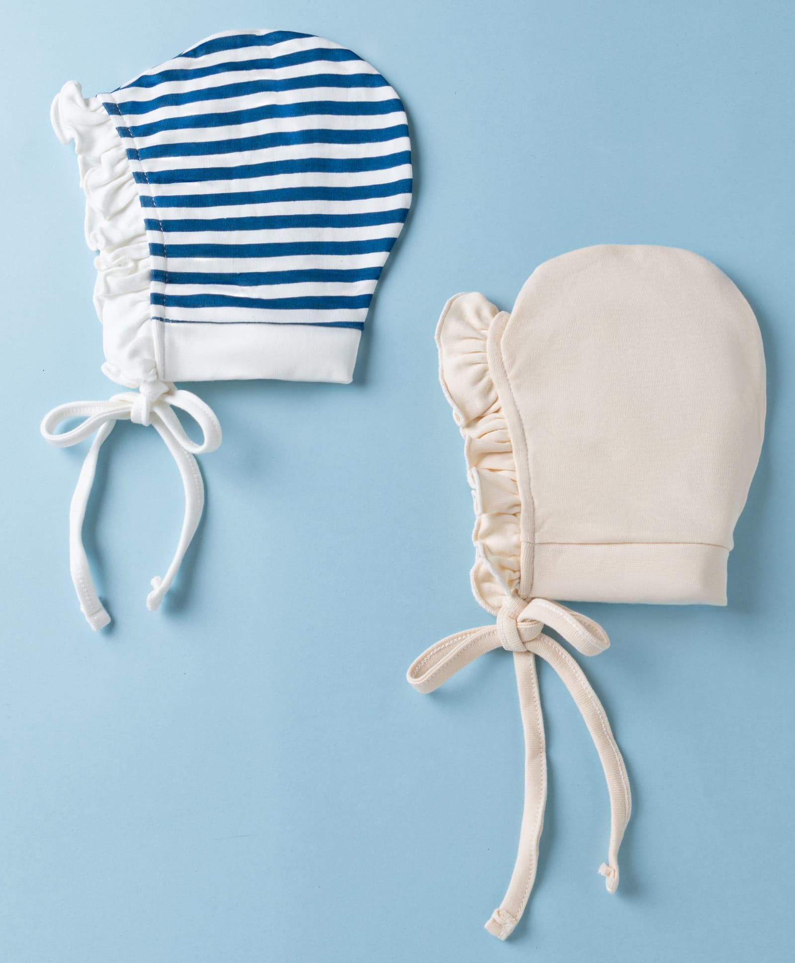 Ben Benny Interlock Knit with Frill Detailing Solid Baby Caps with Stripes White & Cream Pack of 2 - Diameter 9.5 cm-picture-13