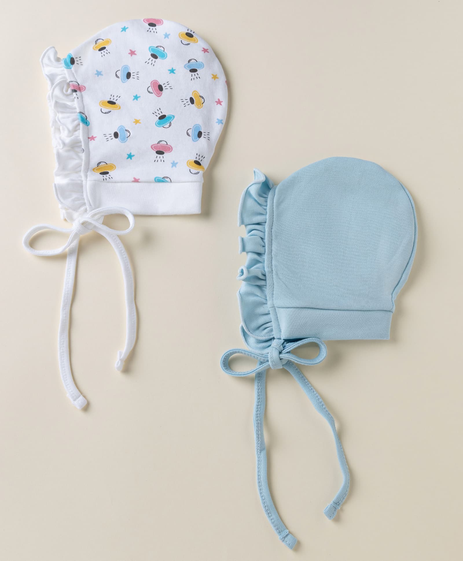 Ben Benny Interlock Knit with Frill Detailing Solid Baby Caps with UFO Print White & Blue Pack of 2 - Diameter 9.5 cm-picture-15