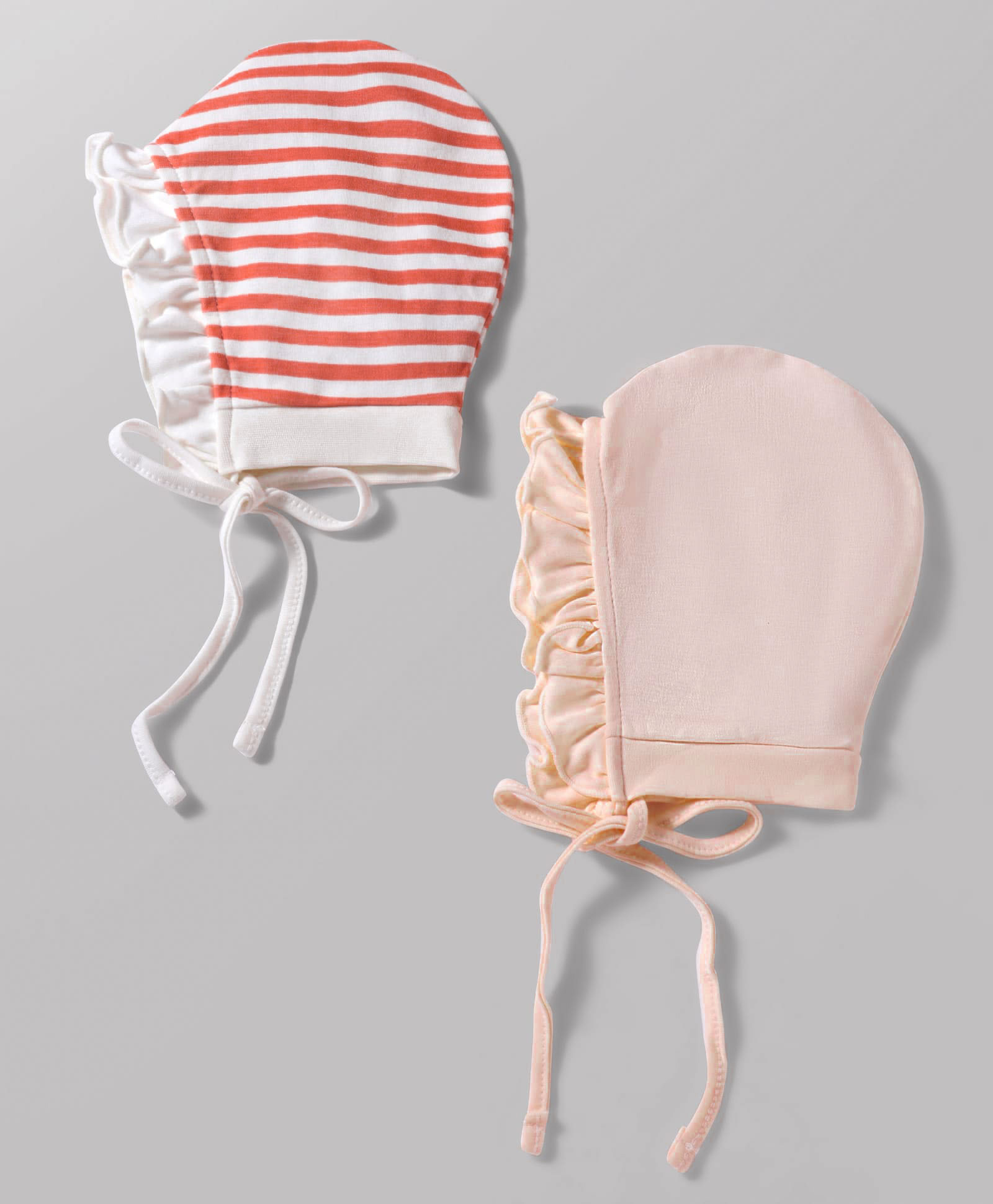 Ben Benny Interlock Knit with Frill Detailing Solid Baby Caps with Stripes White & Peach Pack of 2 - Diameter 9 cm-picture-27