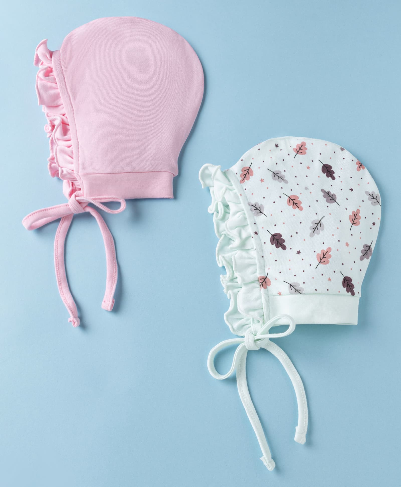 Ben Benny Interlock Knit with Frill Detailing Solid Baby Caps with Leaves Print White & Pink Pack of 2 - Diameter 9 cm-image-45
