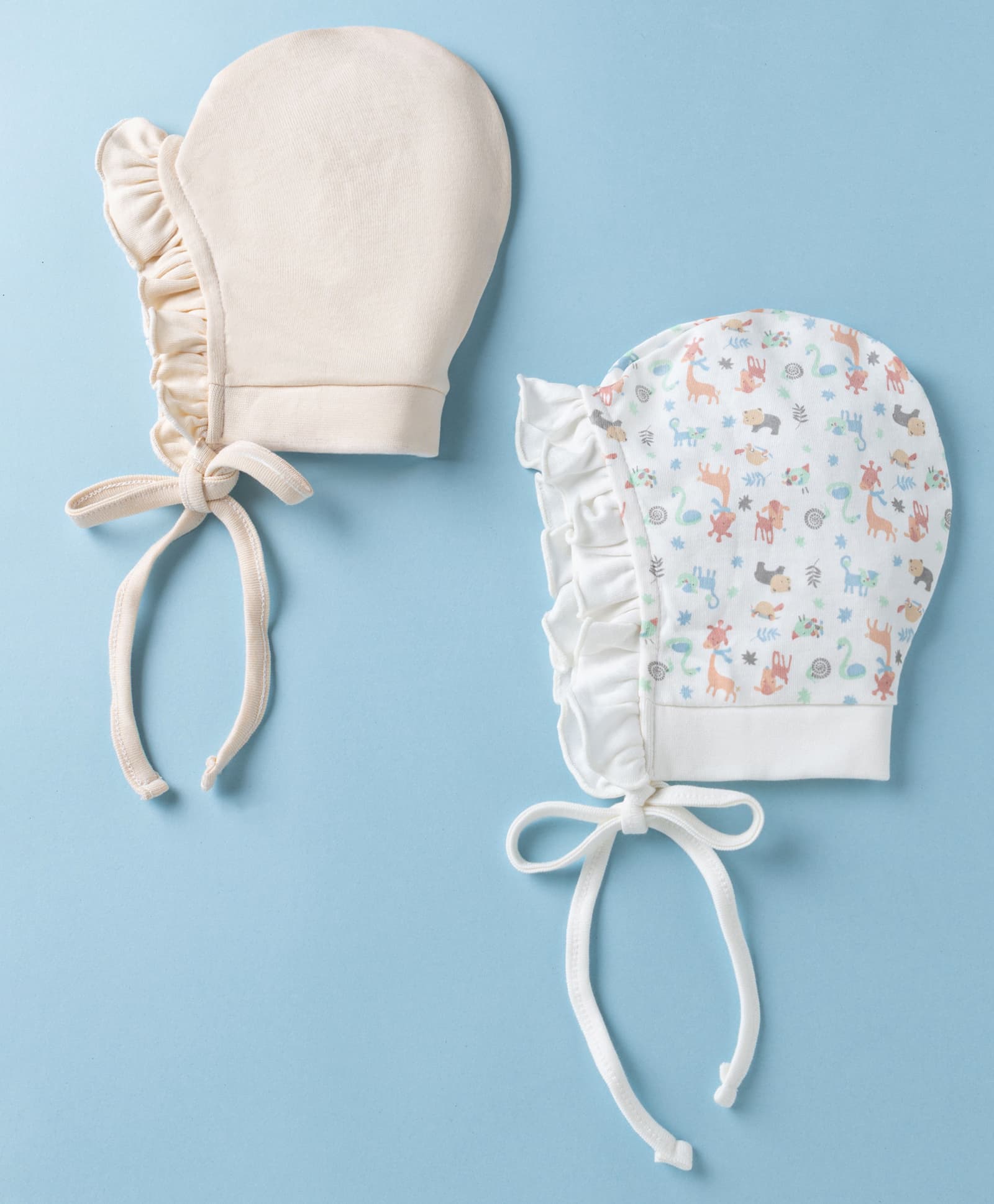 Ben Benny Interlock Knit with Frill Detailing Solid Baby Caps with Animal Print White & Cream Pack of 2 - Diameter 9 cm-picture-16