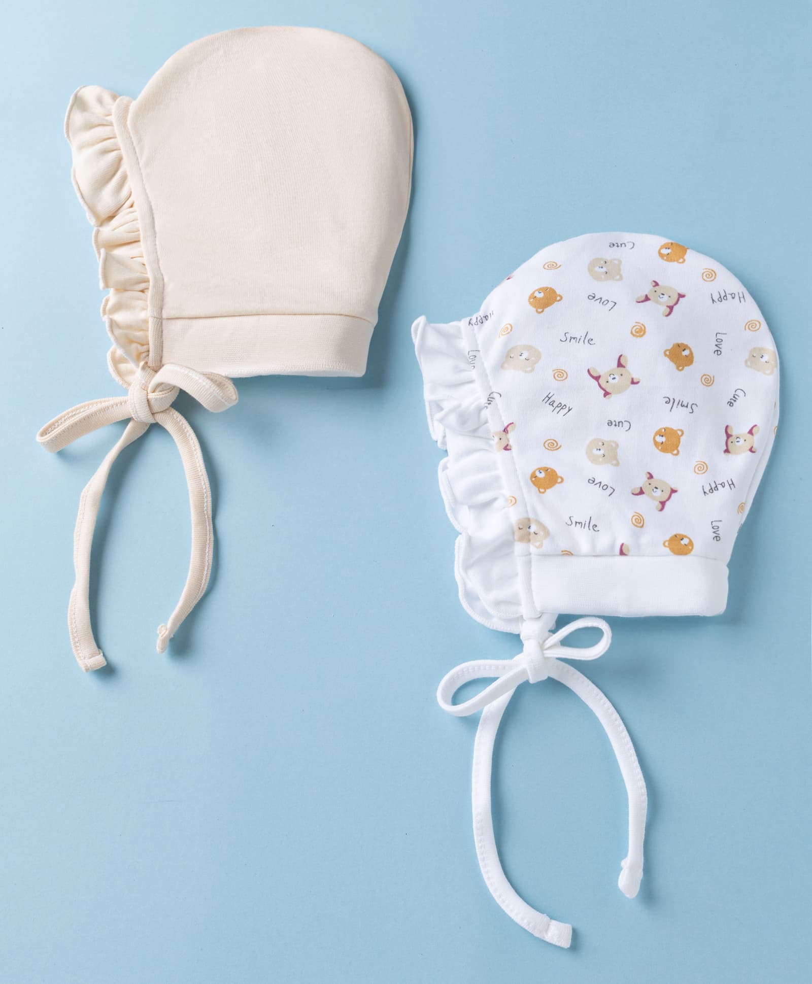 Ben Benny Interlock Knit with Frill Detailing Solid Baby Caps with Animal & Text Print White & Cream Pack of 2 - Diameter 9.5 cm-image-47