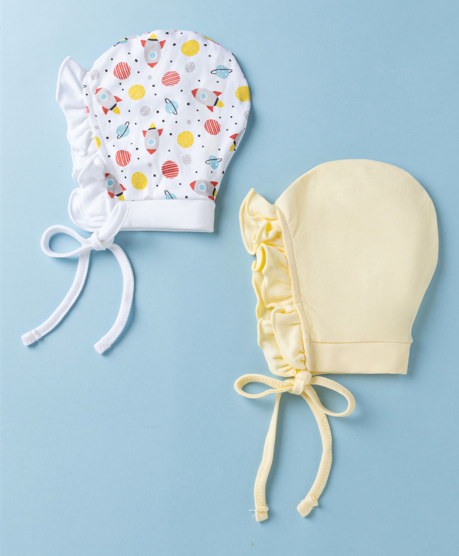 Ben Benny Interlock Knit with Frill Detailing Solid Baby Caps with Space Print White & Yellow Pack of 2 - Diameter 9 cm-image-5