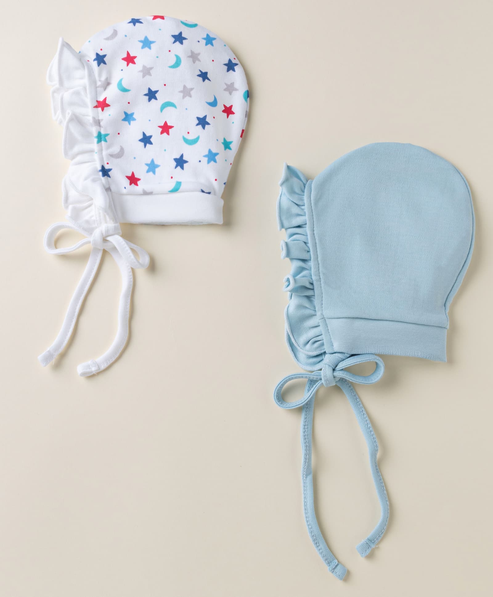 Ben Benny Interlock Knit with Frill Detailing Solid Baby Caps with Star & Moon Print White & Blue Pack of 2 - Diameter 9 cm-picture-19