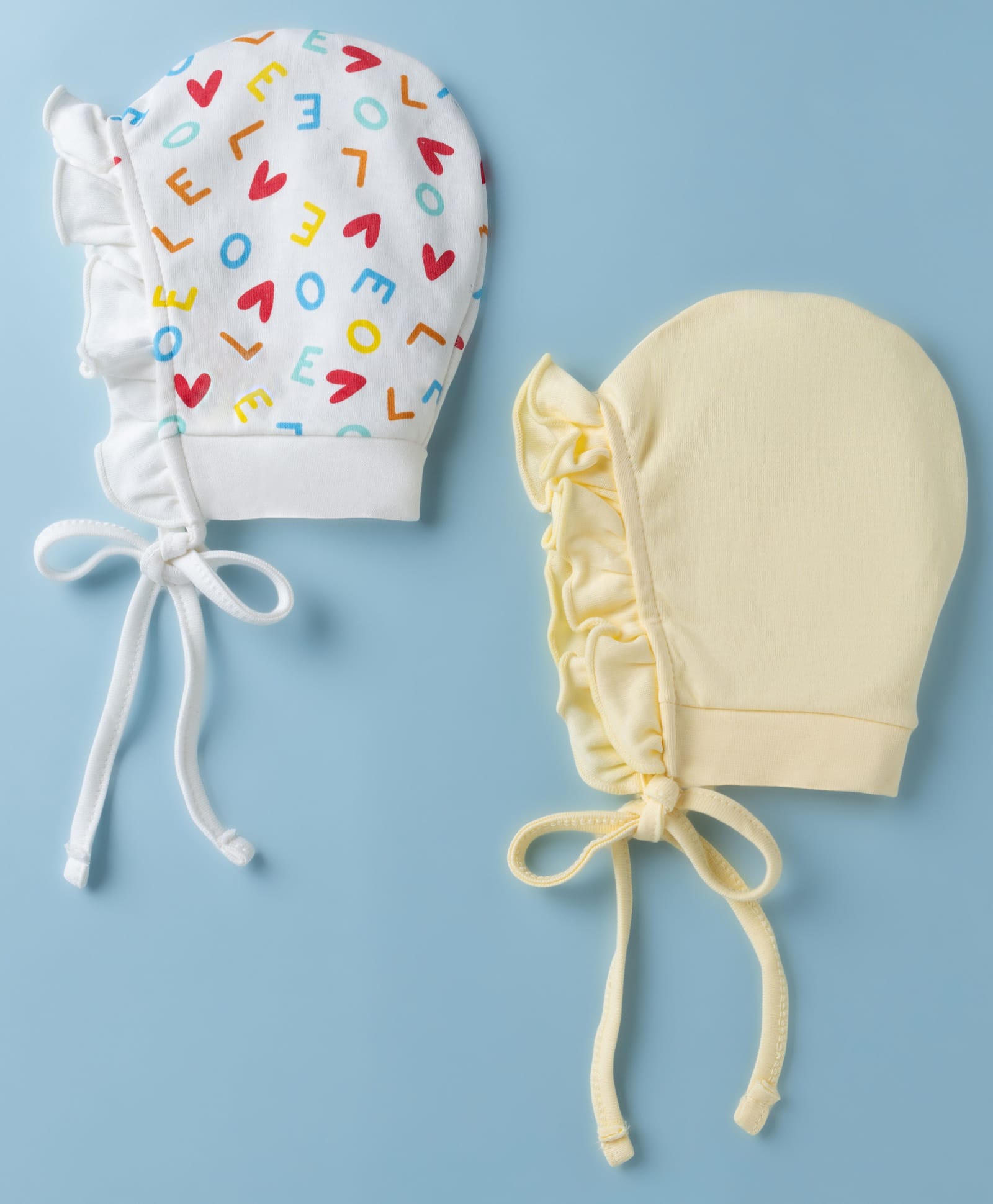 Ben Benny Interlock Knit with Frill Detailing Solid Baby Caps with ' Love' Text Print White & Yellow Pack of 2 - Diameter 9 cm-picture-19
