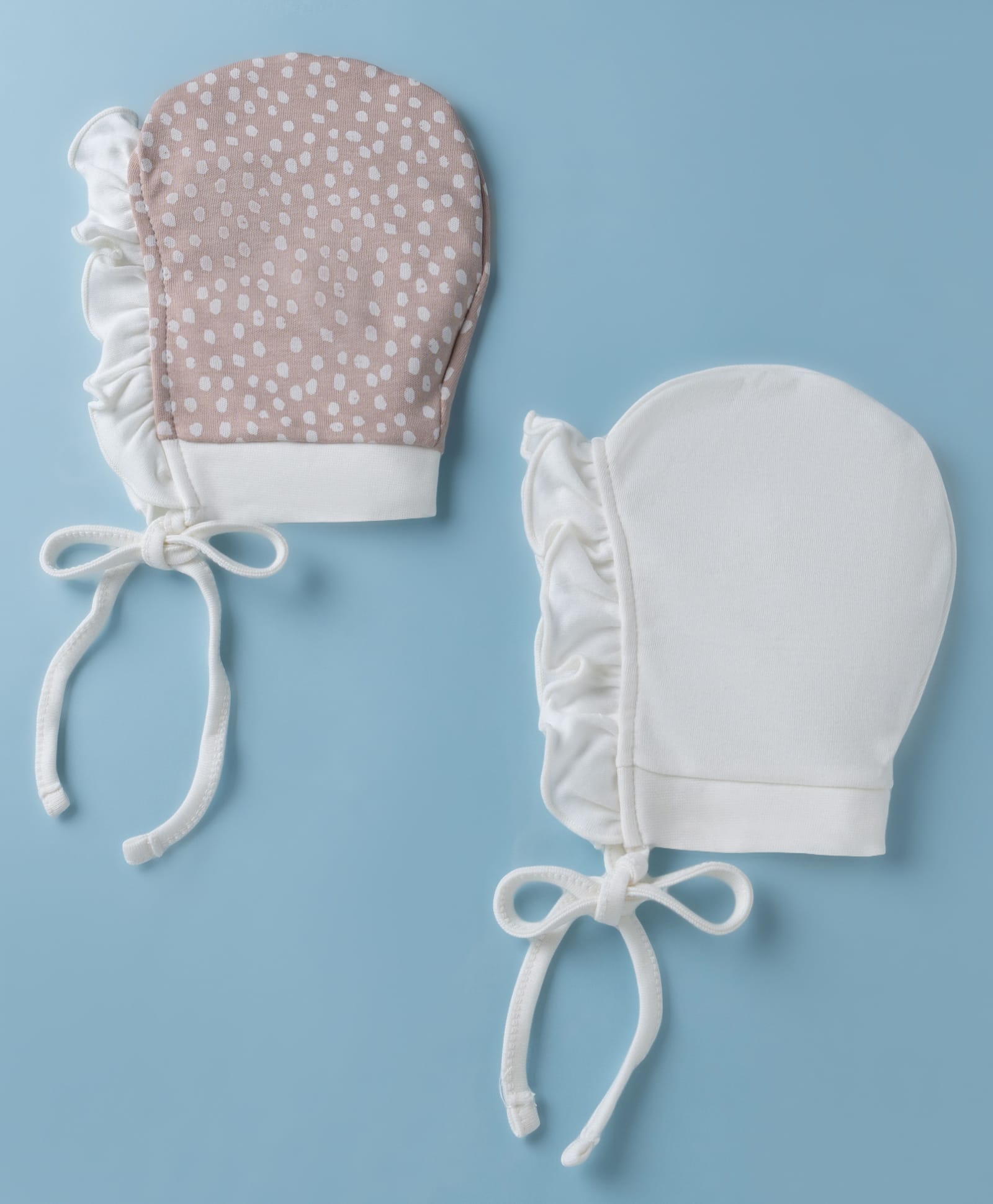 Ben Benny Interlock Knit with Frill Detailing Solid Baby Caps with Polka Dot Print White & Brown Pack of 2 - Diameter 9.5 cm-image-48