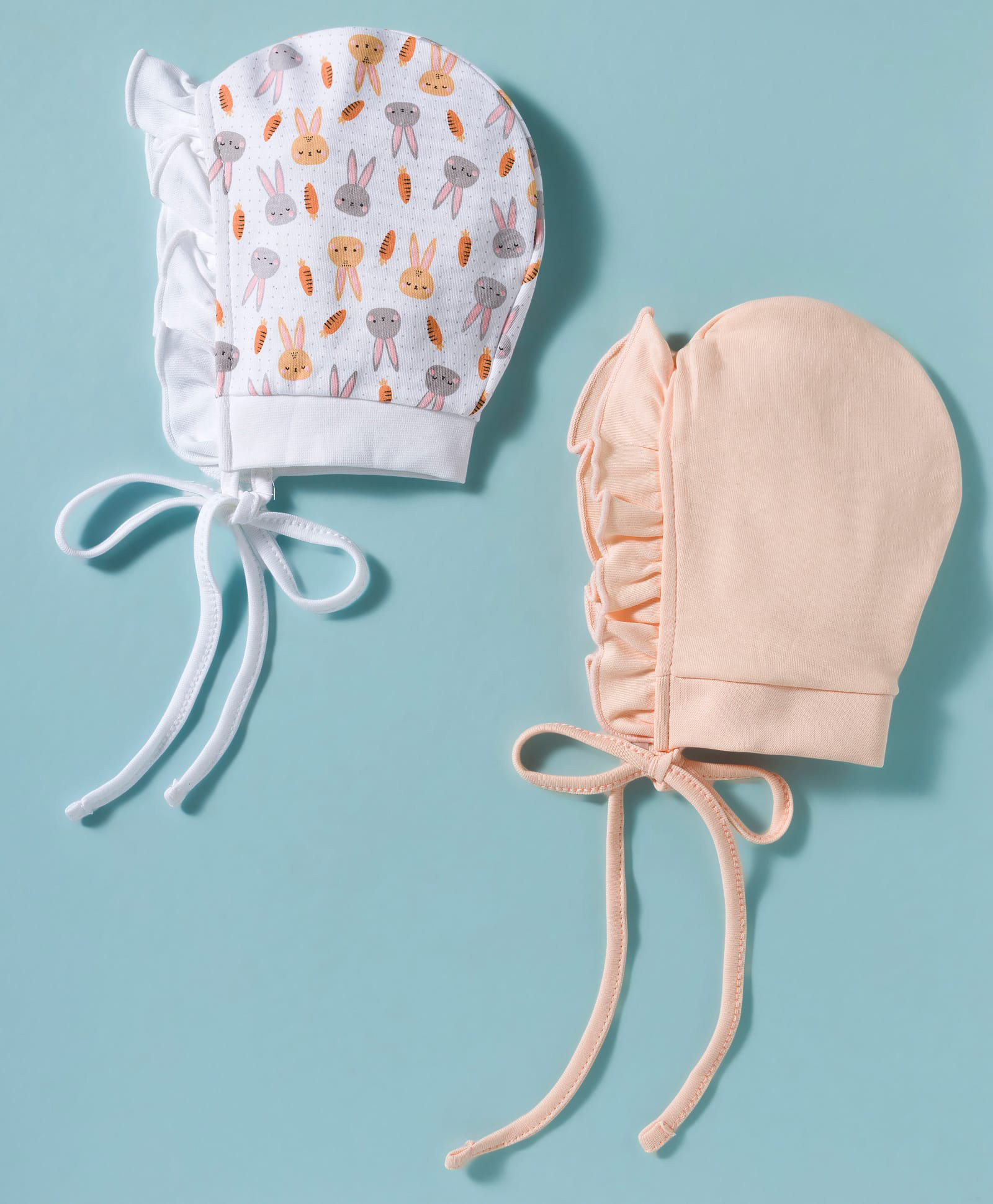 Ben Benny Interlock Knit with Frill Detailing Solid Baby Caps with Bunny & Carrot Print White & Baby Pink Pack of 2 - Diameter 9 cm-image-12