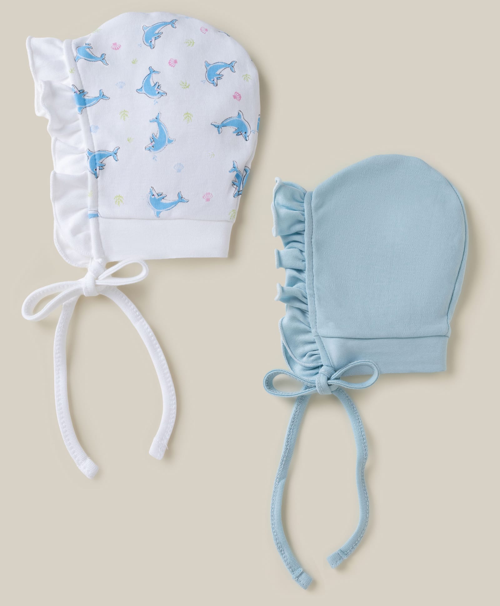 Ben Benny Interlock Knit with Frill Detailing Solid Baby Caps with Dolphin Print White & Blue Pack of 2 - Diameter 9 cm-image-18