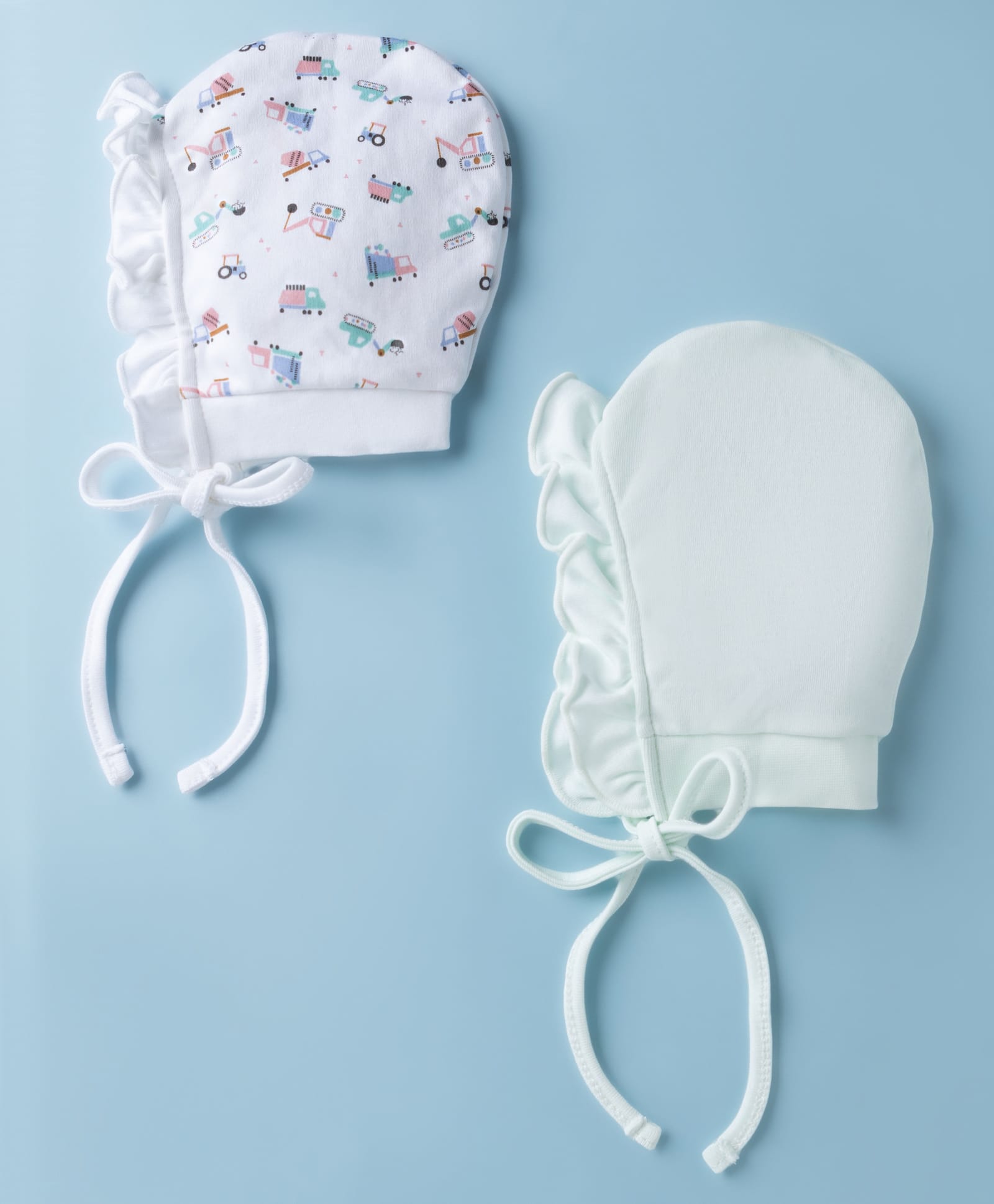 Ben Benny Interlock Knit with Frill Detailing Solid Baby Caps with Vehicle Print White & Light Green Pack of 2 - Diameter 9.5 cm-image-40