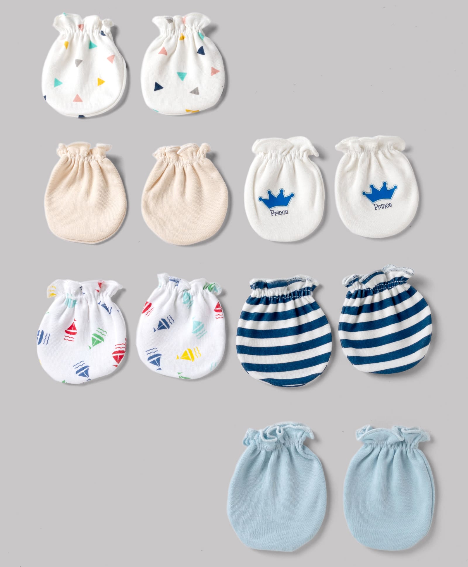 Ben Benny Interlock Knit Striped Mittens With Boat , Triangle & Crown Print Pack of 6 - White , Peach & Blue-image-39