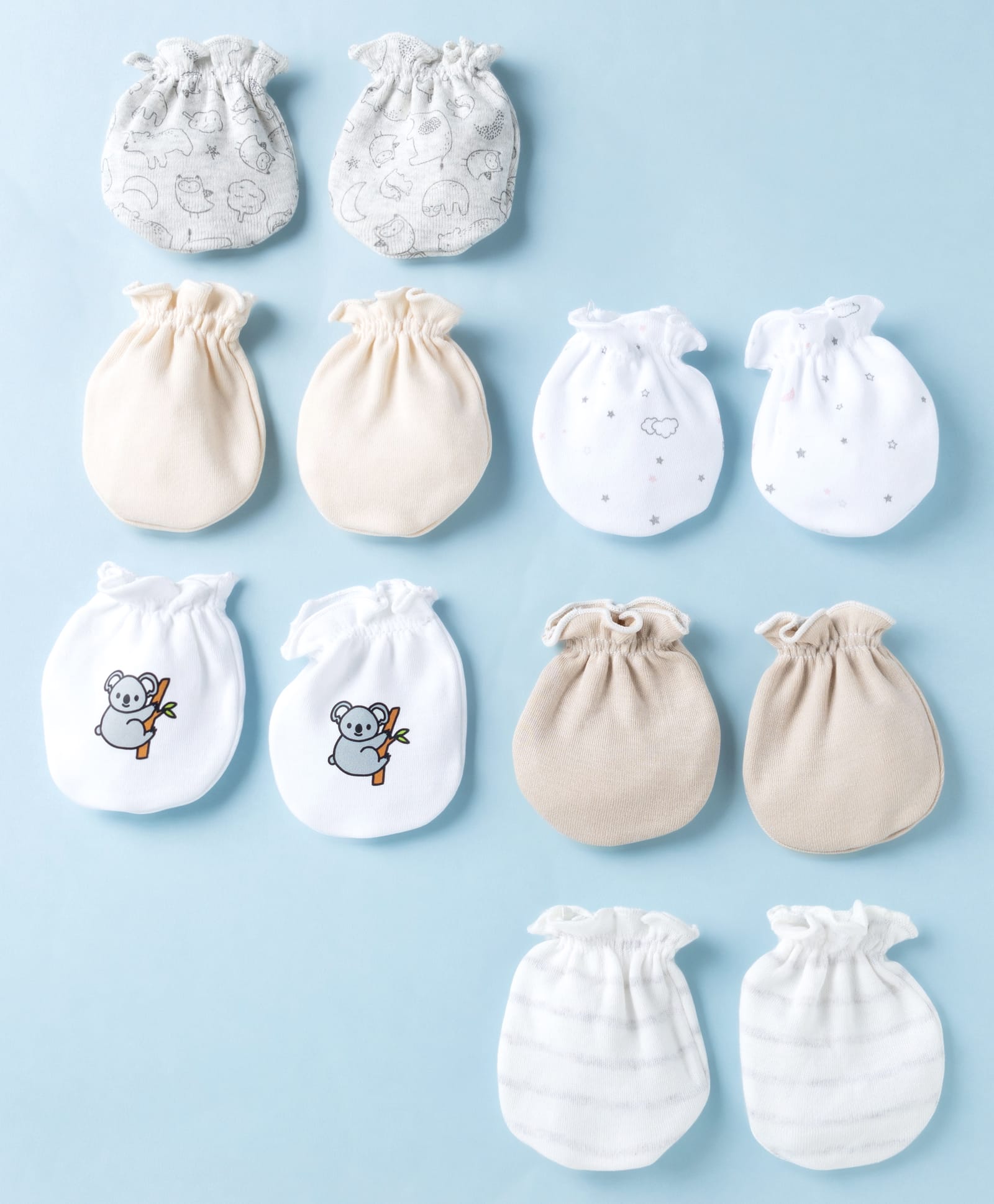 Ben Benny Interlock Knit Striped Mittens with Animal & Star Print Pack of 6 - Grey Beige & White-picture-19