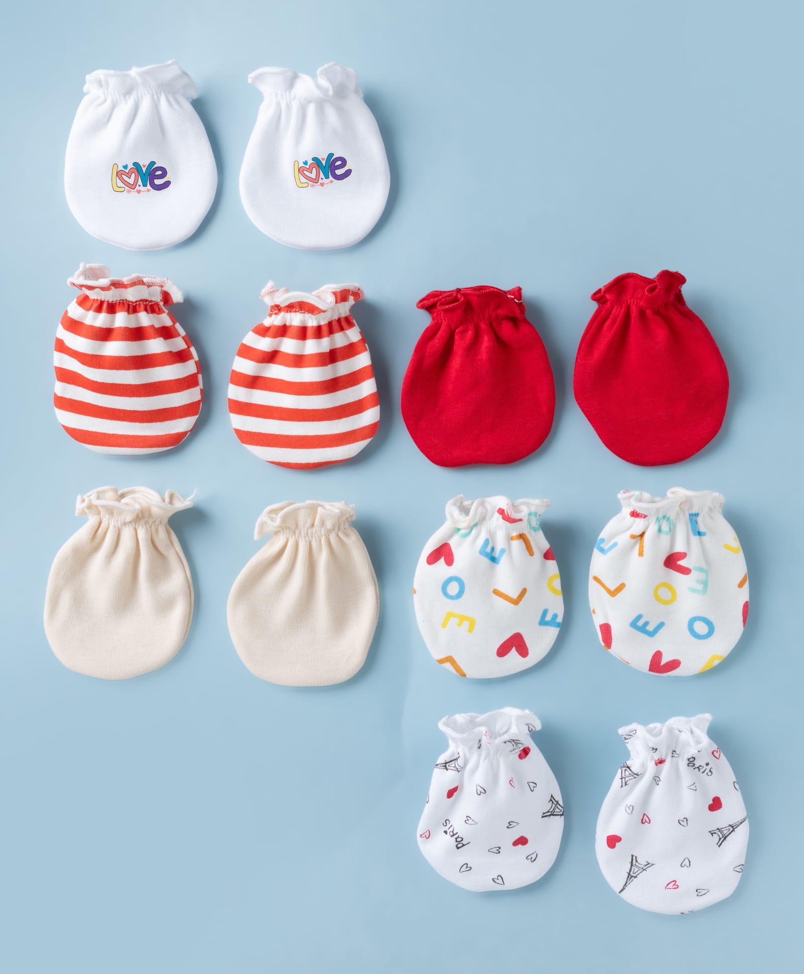 Ben Benny Interlock Knit Striped Mittens with Love & Heart Print Pack of 6 - Beige White & Red-picture-12
