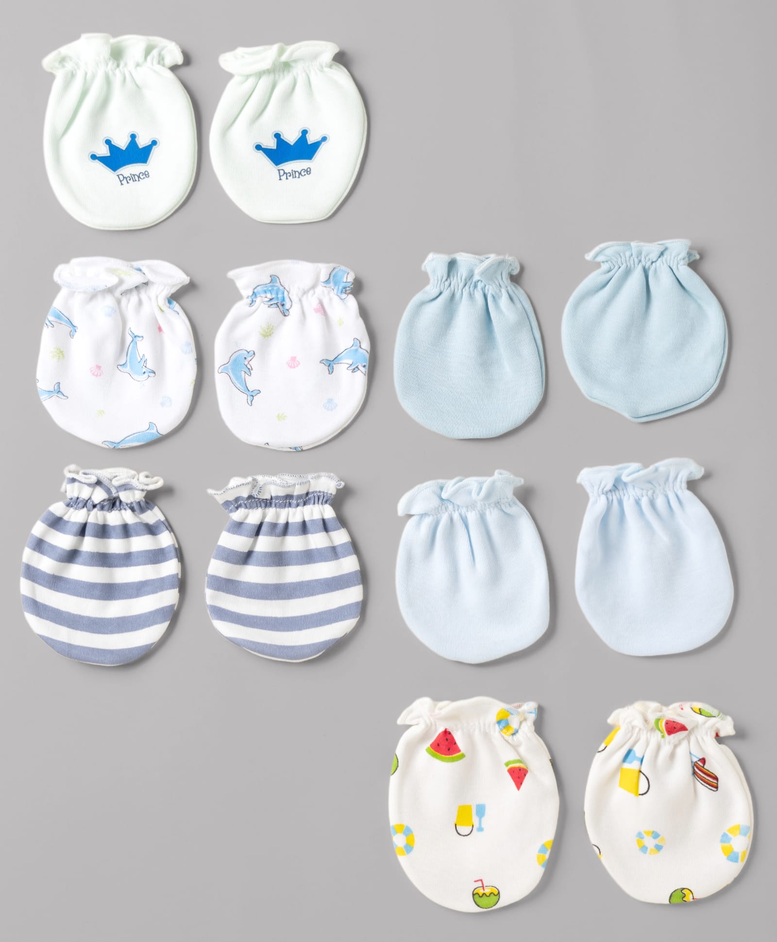 Ben Benny Interlock Knit Striped Mittens With Dolphin , Fruit & Crown Print Pack of 6 - White , Peach & Blue-image-21