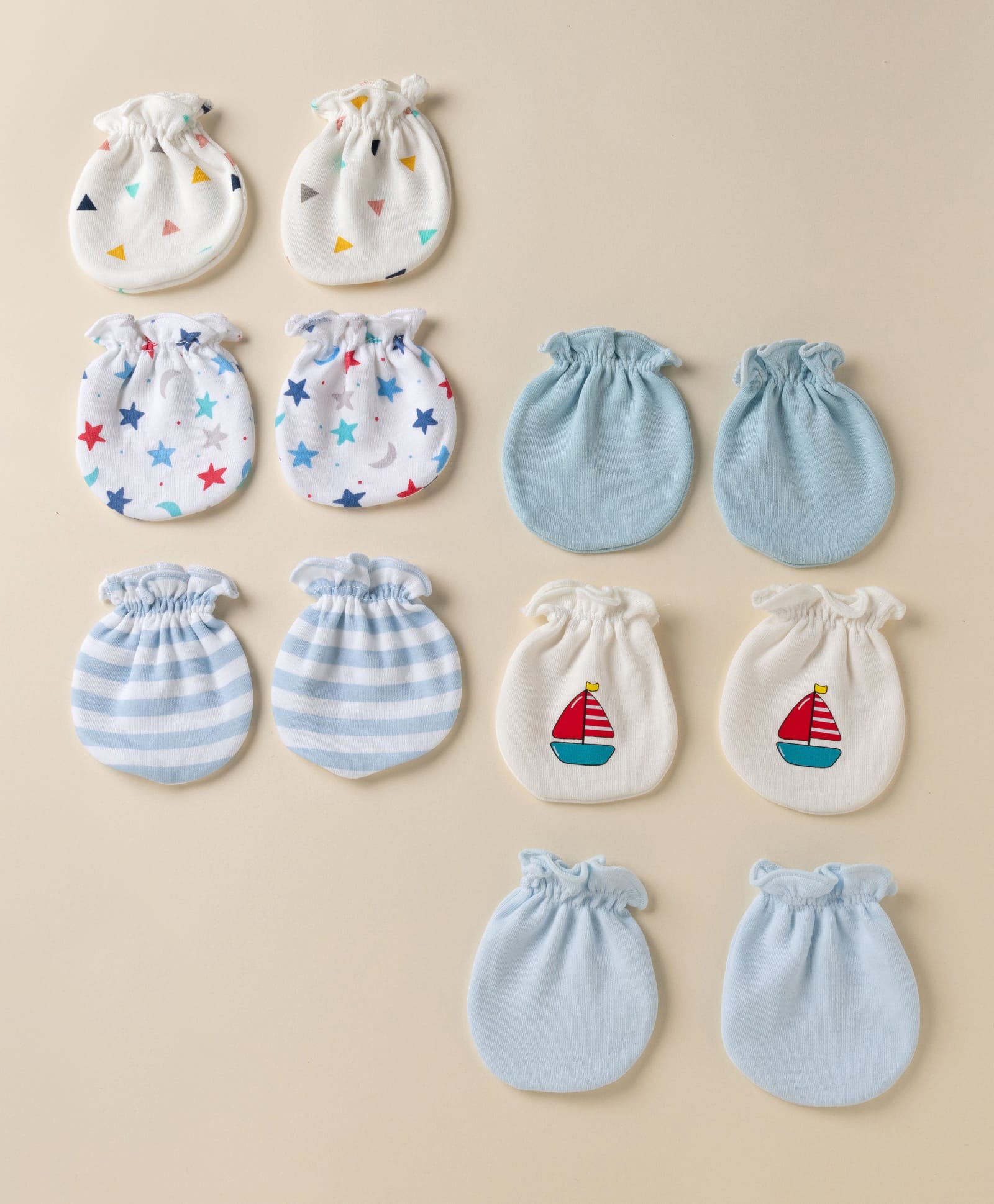 Ben Benny Interlock Knit Striped Mittens With Boat , Triangle & Star Print Pack of 6 - White , Cream & Blue-picture-12