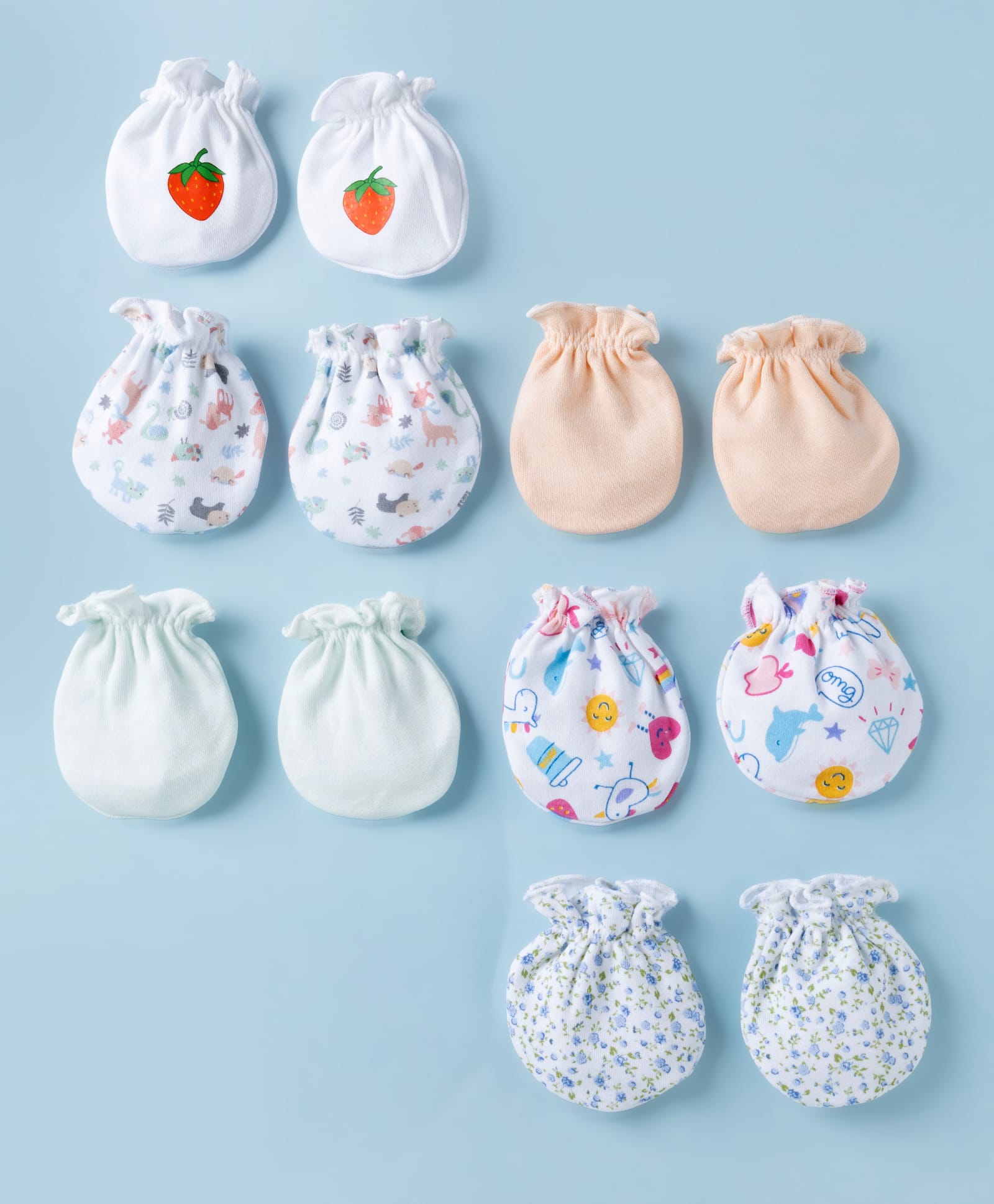 Ben Benny Interlock Knit Mittens with Strawberry Animal Floral & Heart Print Pack of 6 - White Peach & Sea Green-image-20
