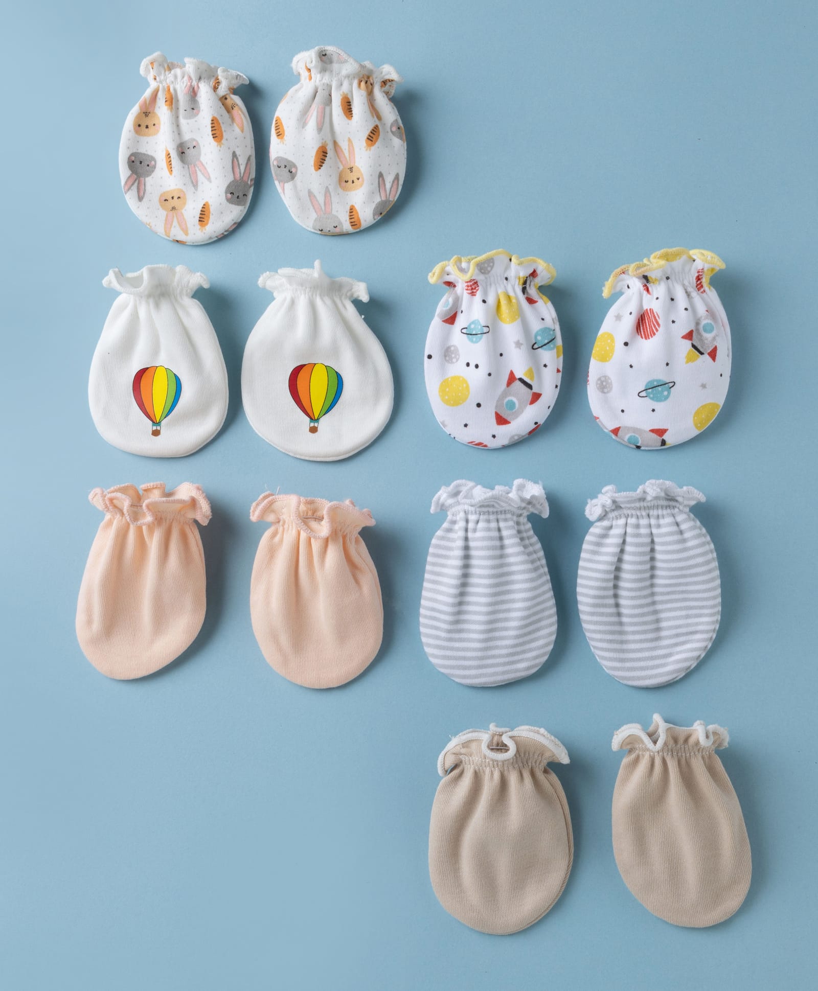 Ben Benny Interlock Knit Striped Mittens With Hot Air Balloon , Space & Bunny Print Pack of 6 - White , Pink & Brown-picture-17