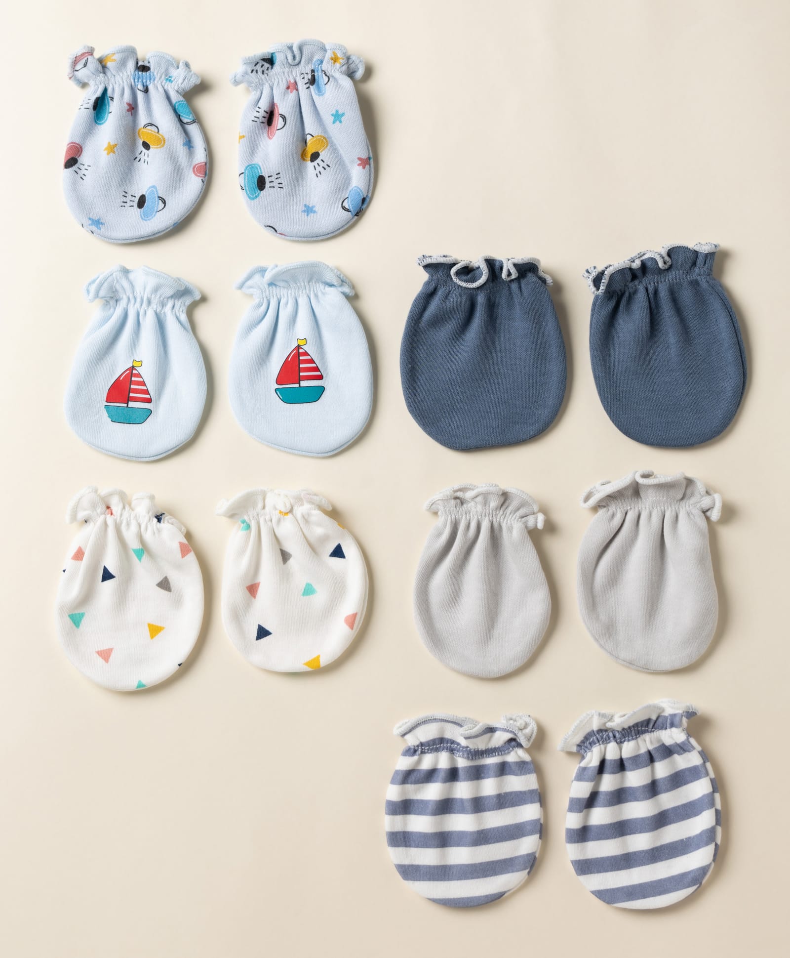 Ben Benny Interlock Knit Striped Mittens With Boat , Triangle & UFO Print Pack of 6 - White , Blue , Grey-image-13