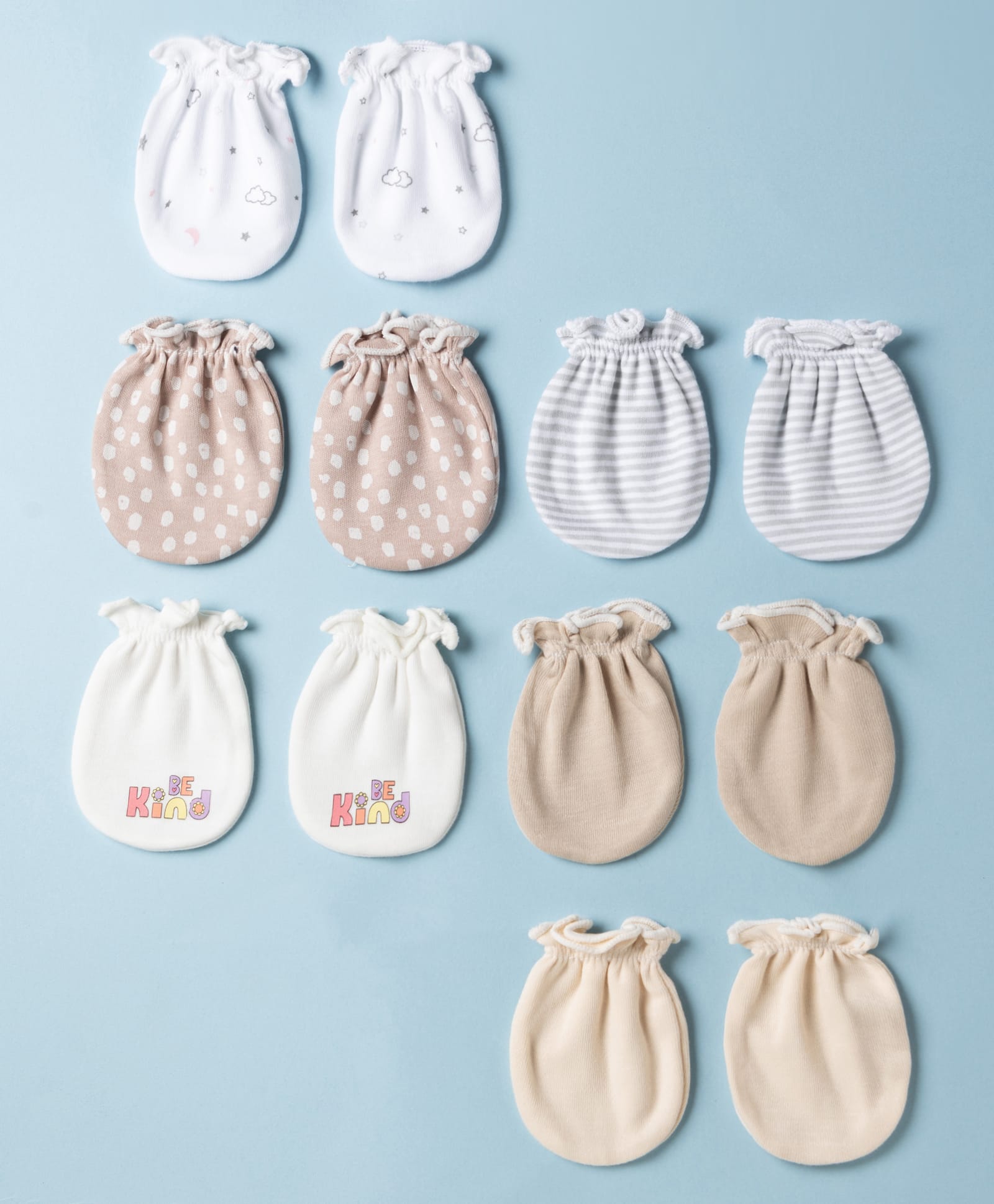 Ben Benny Interlock Knit Striped Mittens With Polka Dot , Cloud & 'BE KIND' Text Print Pack of 6 - White , Brown & Cream-picture-11