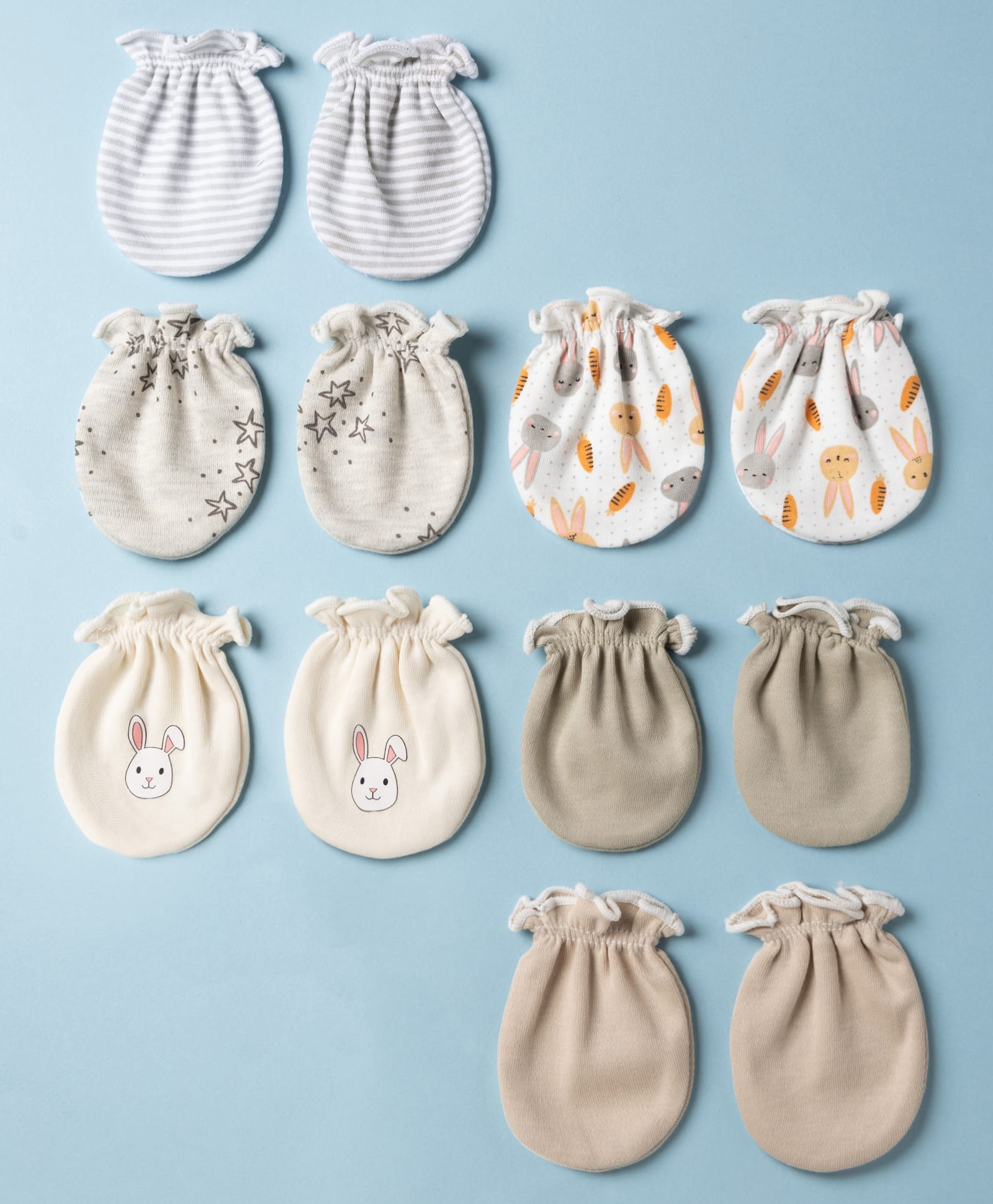 Ben Benny Interlock Knit Striped Mittens With Bunny , Carrot & Star Print Pack of 6 - Grey , Cream & Brown-image-44