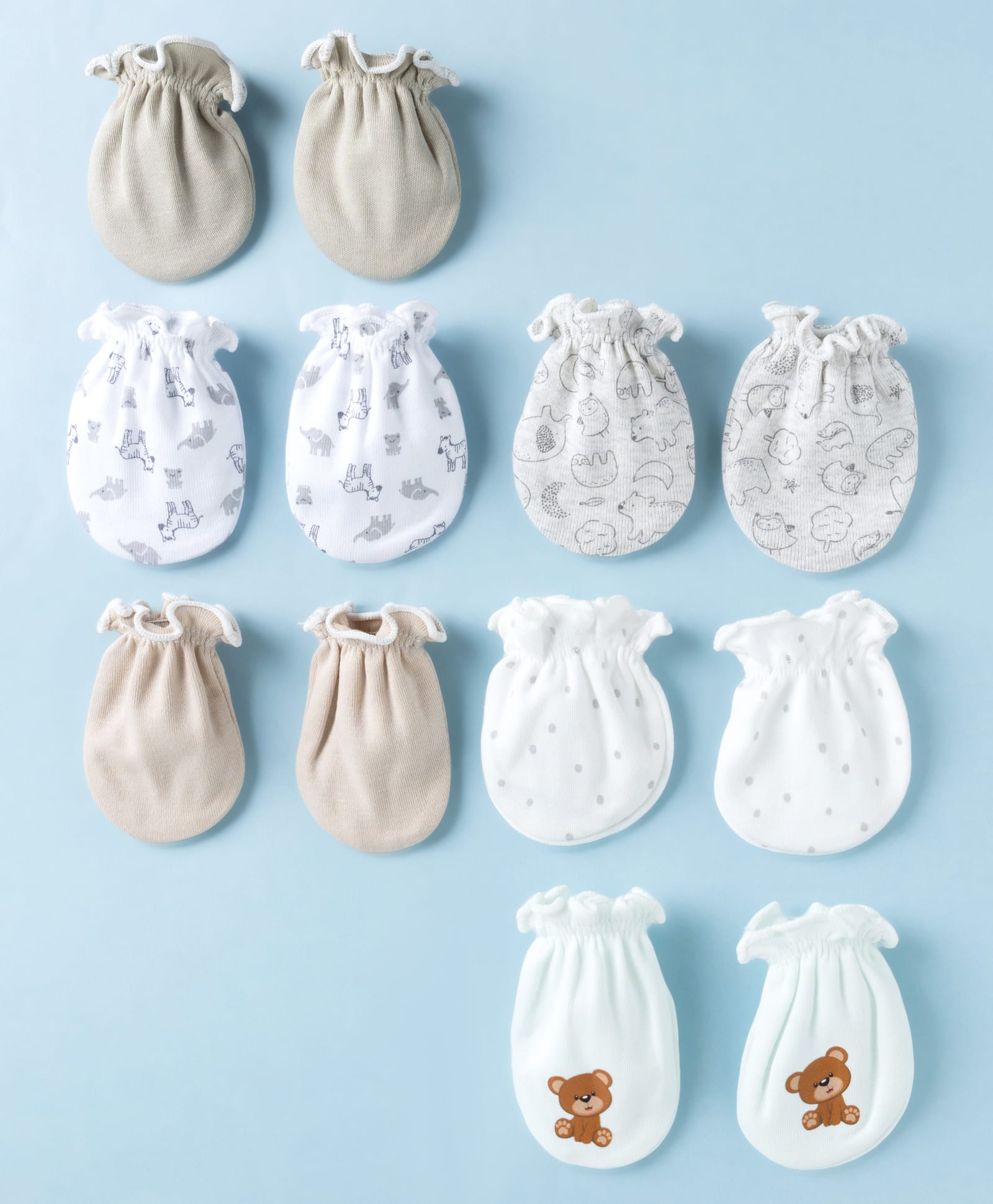Ben Benny Interlock Knit Mittens with Animal Polka Dots & Moon Print Pack of 6 - Beige White & Olive Green-image-6
