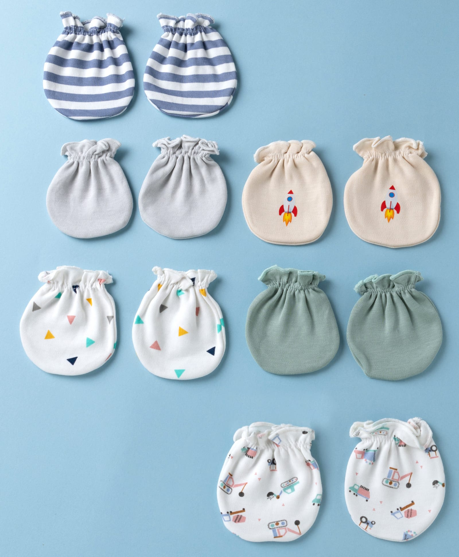 Ben Benny Interlock Knit Striped Mittens with Triangle , Vehicle & Rocket Print Pack Of 6 - Grey , White & Light Green-picture-23