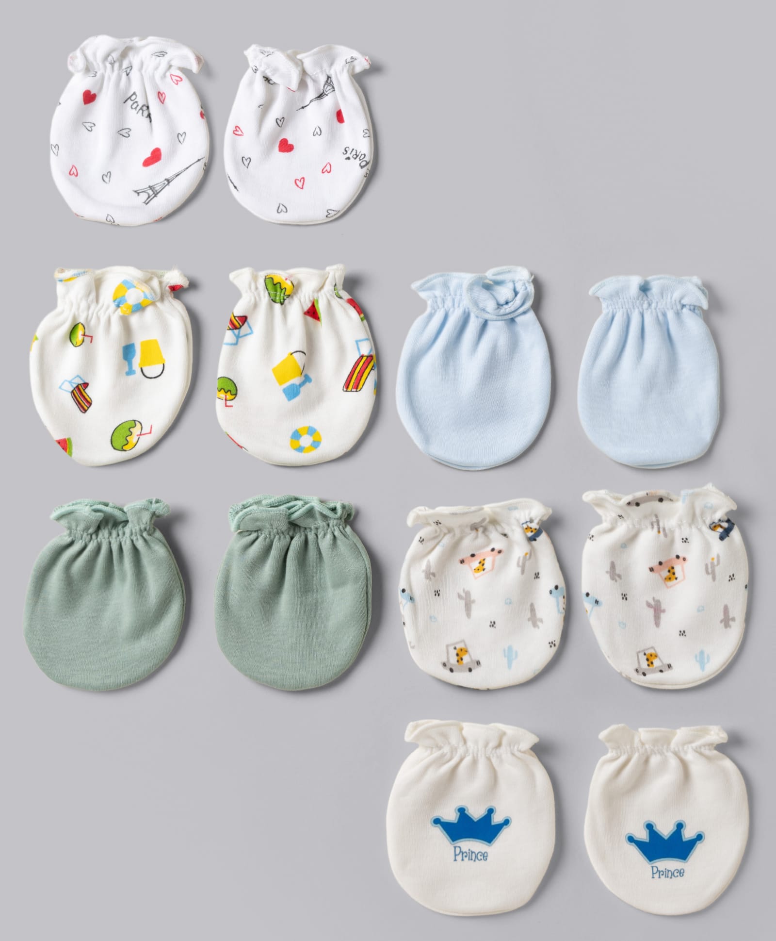 Ben Benny Interlock Knit Mittens with Heart , Vehicles , Crown & Beach Theme Print Pack Of 6 - Blue , White & Green-picture-15