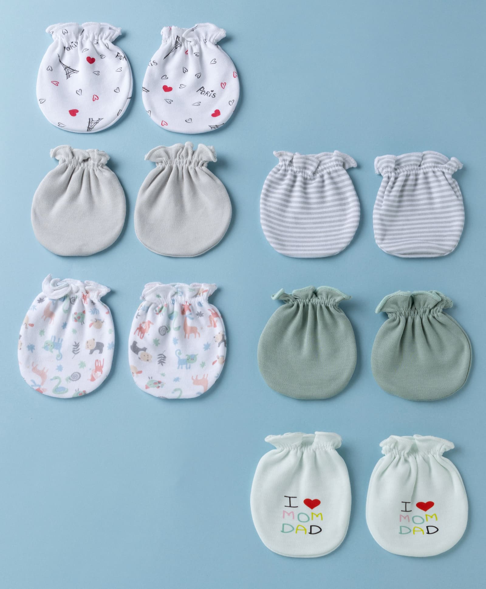 Ben Benny Interlock Knit Mittens with Heart , Animal & 'I Love Mom Dad' Text Print Pack Of 6 - Grey , White & Green-image-25