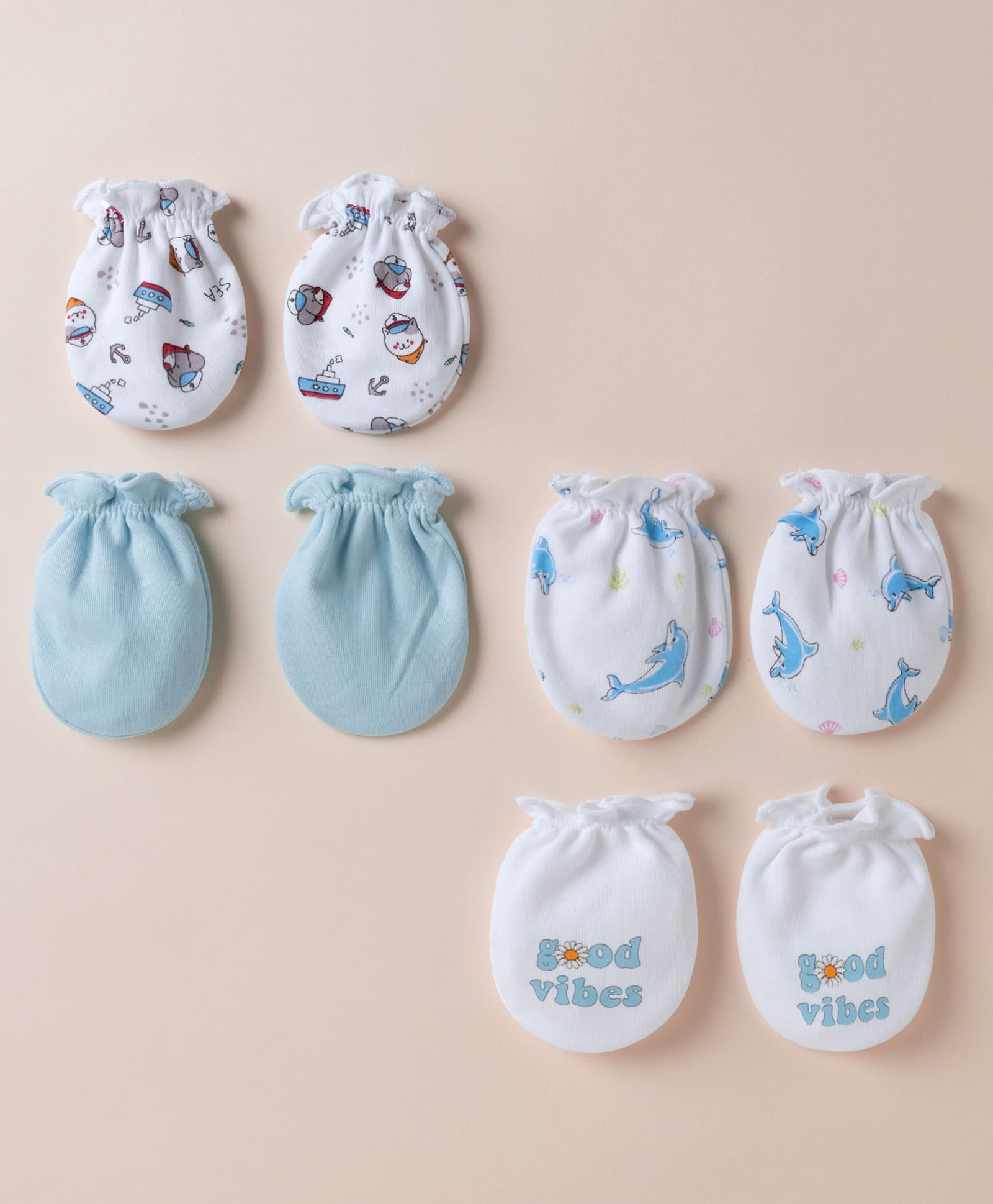 Ben Benny Interlock Knit Mittens with Ship Shark & Good Vibes Print Pack of 4 - White & Sea Green-picture-15