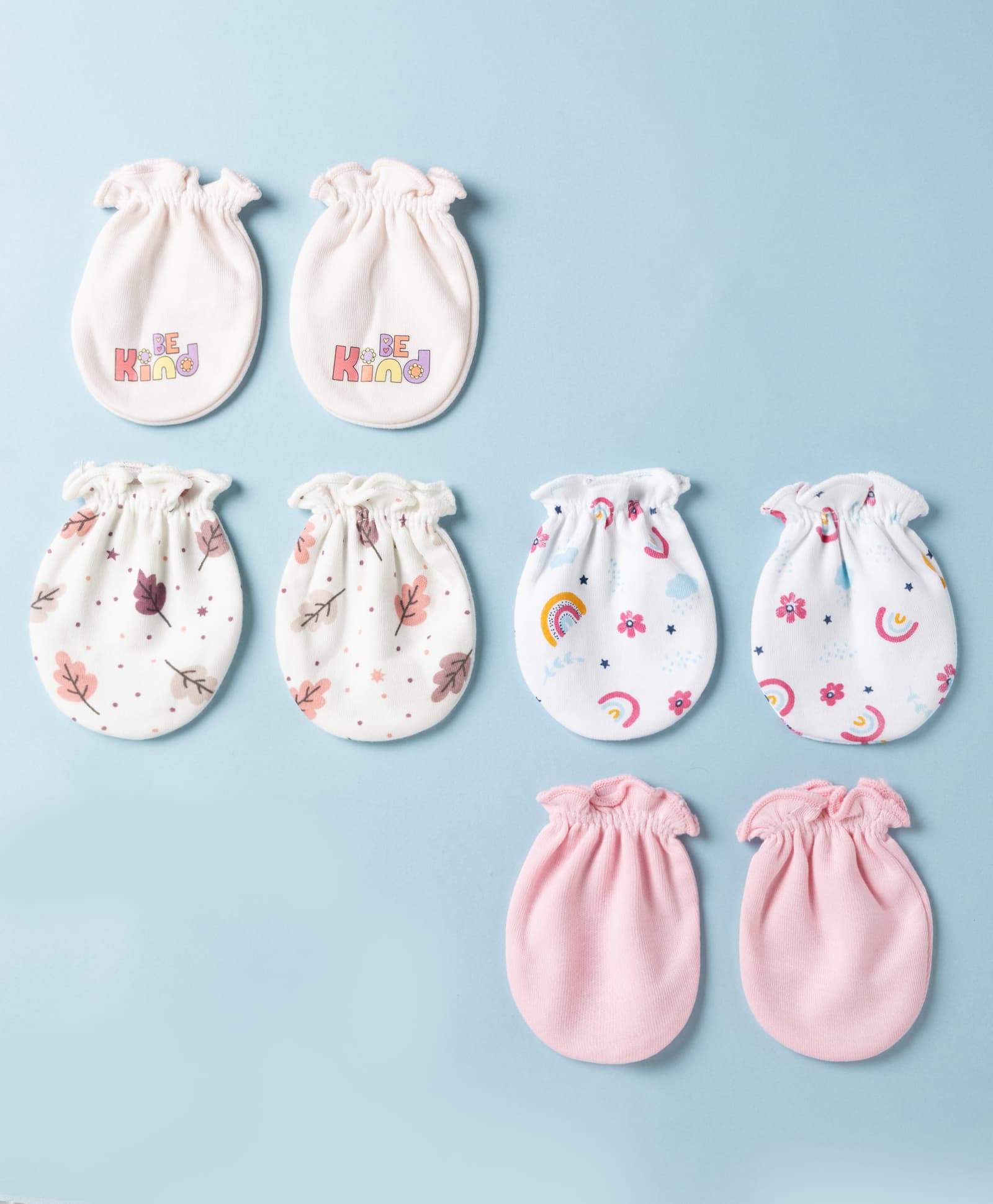 Ben Benny Interlock Knit Mittens with Leaves , Rainbow & 'Be Kind' Text Print Pack Of 4 - White & Pink-picture-11