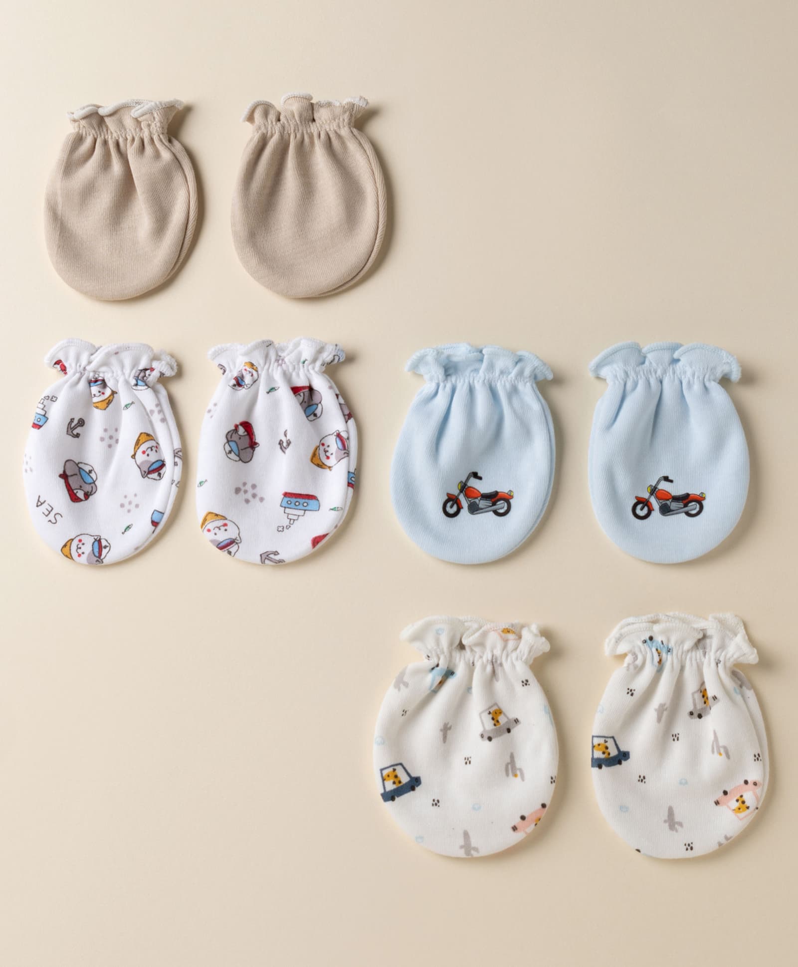 Ben Benny Interlock Knit Mittens with Nautical , Animal & Vehicle Print Pack Of 4 - White , Brown & Blue-picture-15