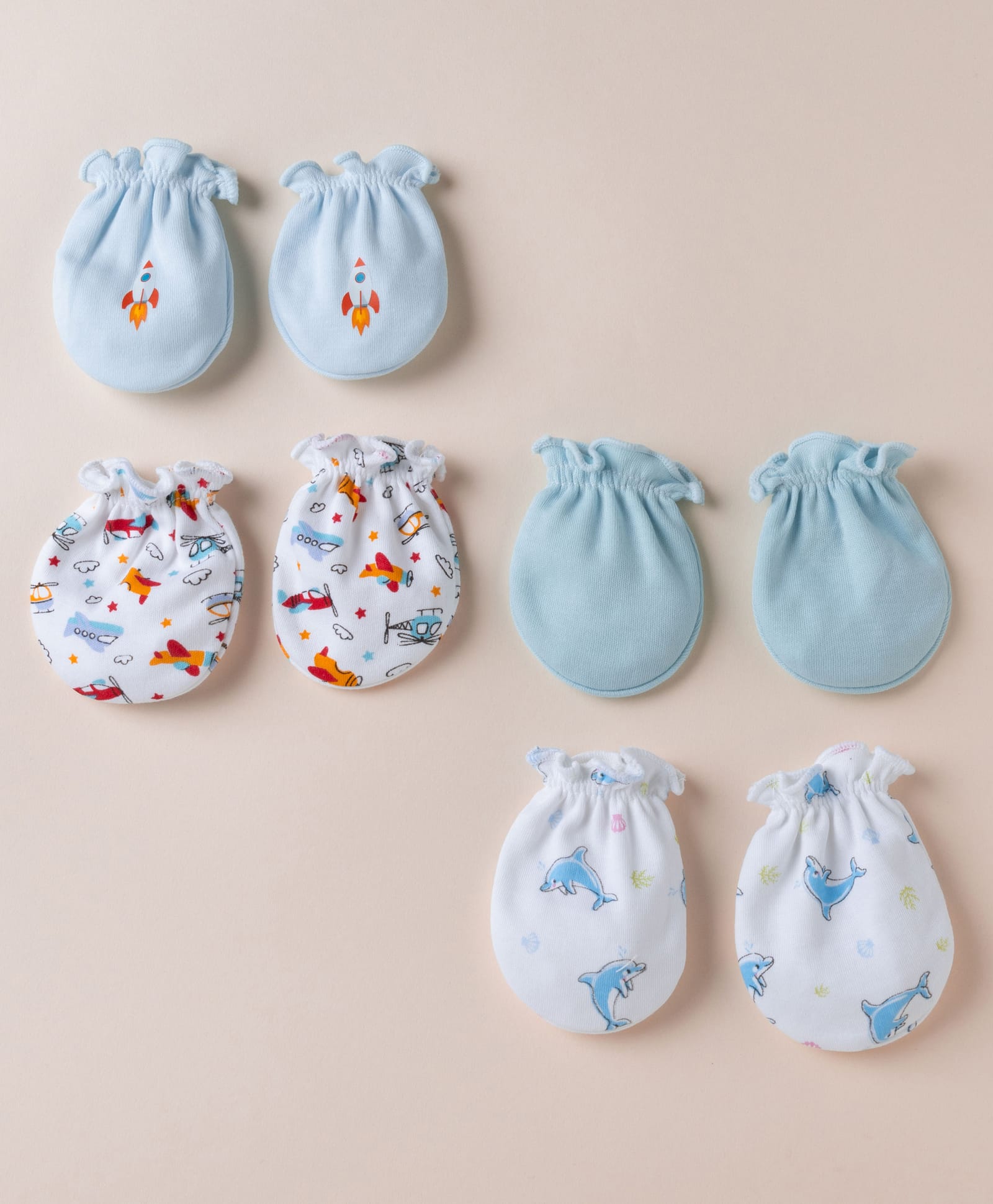 Ben Benny Interlock Knit Mittens with Vehicle & Dolphin Print Pack of 4 - Sky Blue White & Sea Green-image-19