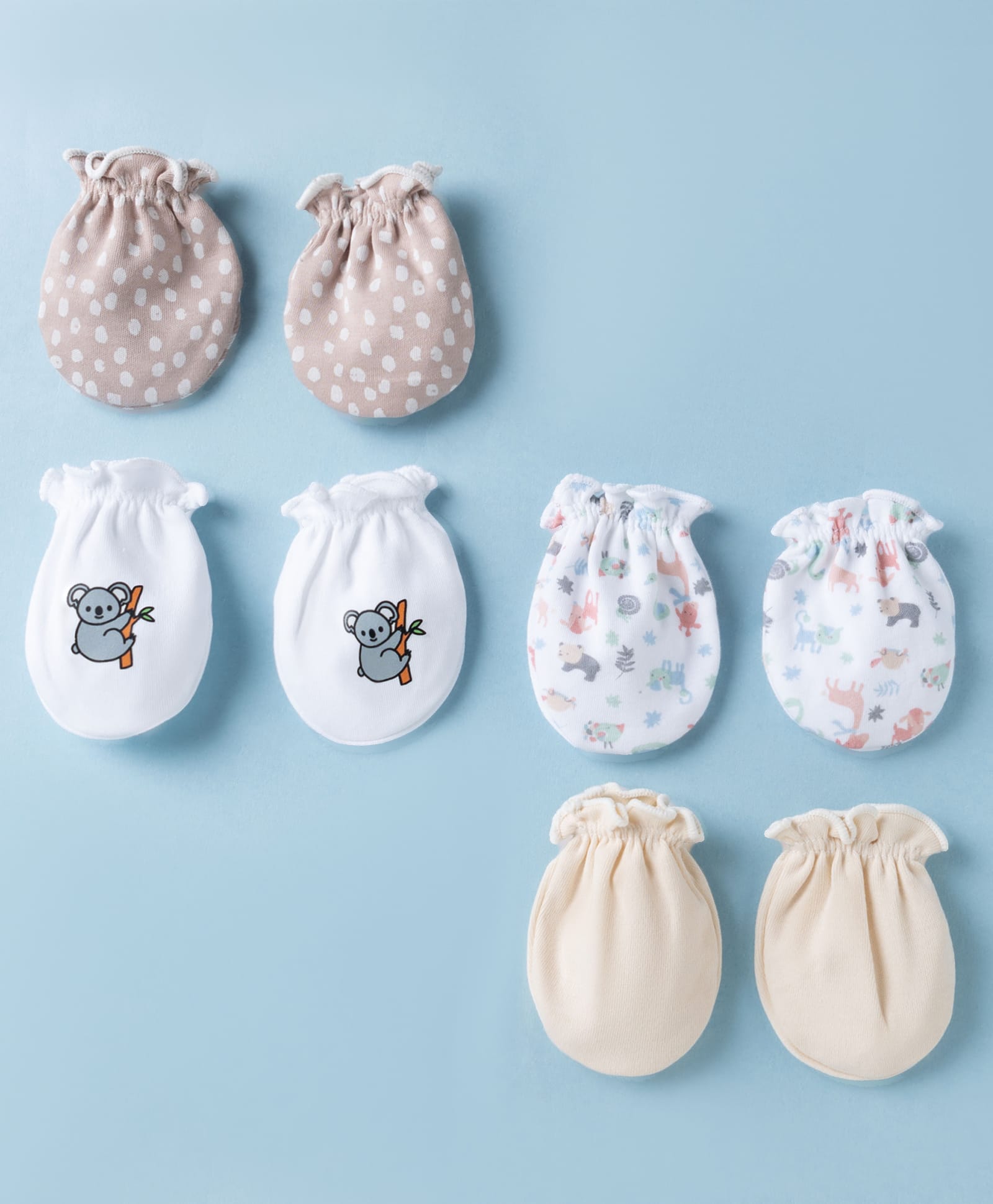 Ben Benny Interlock Knit Koala Printed & Solid Mittens Pack Of 4 - White & Cream-image-39