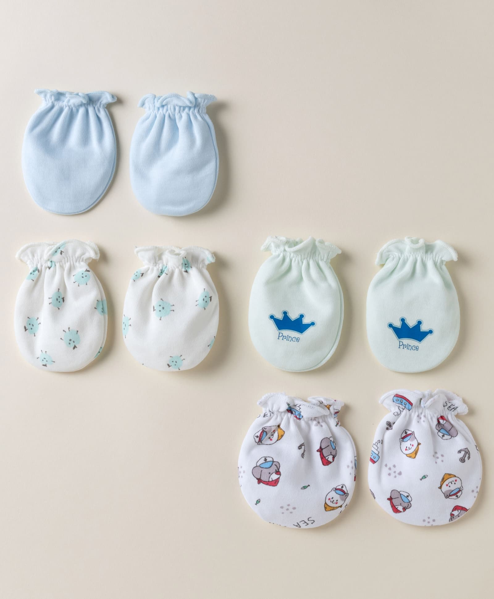 Ben Benny Interlock Knit Solid Nautical Theme & Crown Printed Mittens Pack of 4 - Light Blue & White-picture-14
