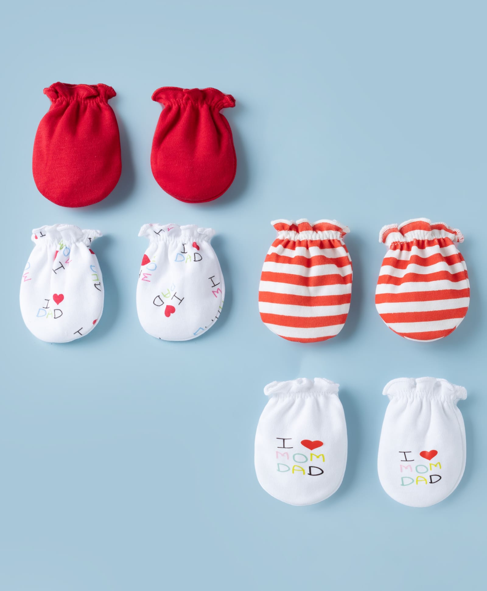 Ben Benny Interlock Knit Striped I Love Mom & Dad Printed Mittens Pack Of 4 - Red & White-image-6