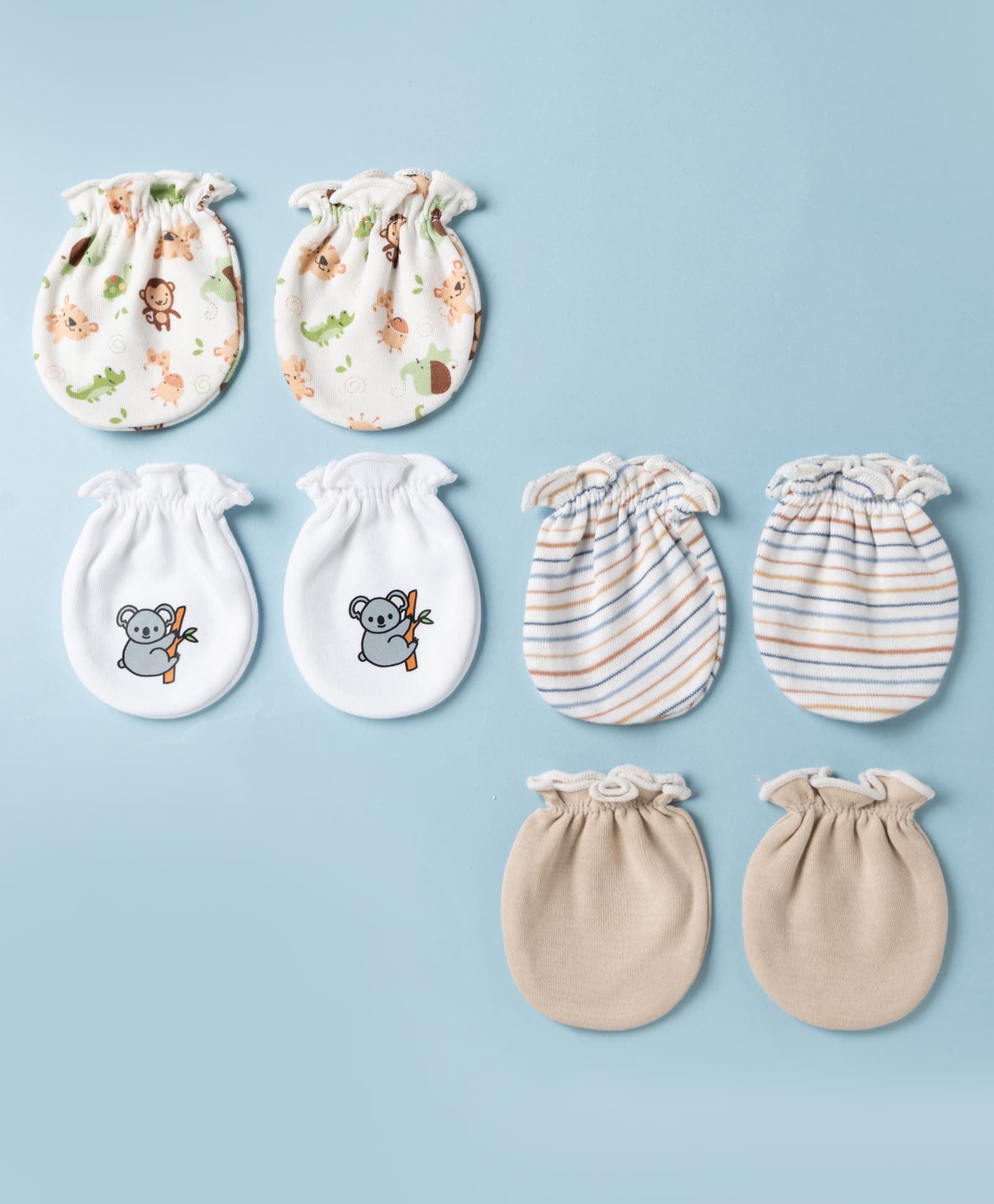 Ben Benny Interlock Knit Striped Mittens with Animal Print Pack Of 4 - White & Brown-picture-12
