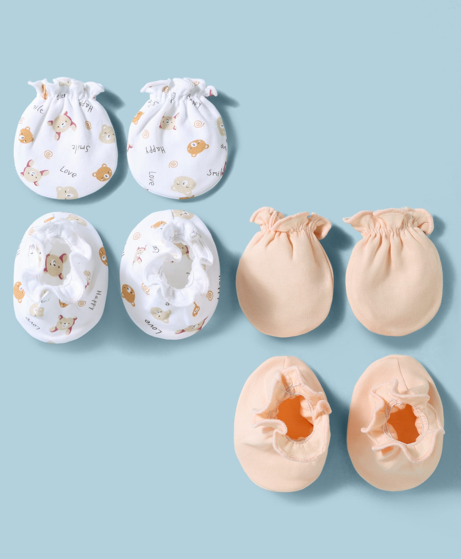 Ben Benny Interlock Knit Mittens and Booties Set With Teddy Bear Print Pack of 2 - White & Peach-image-38