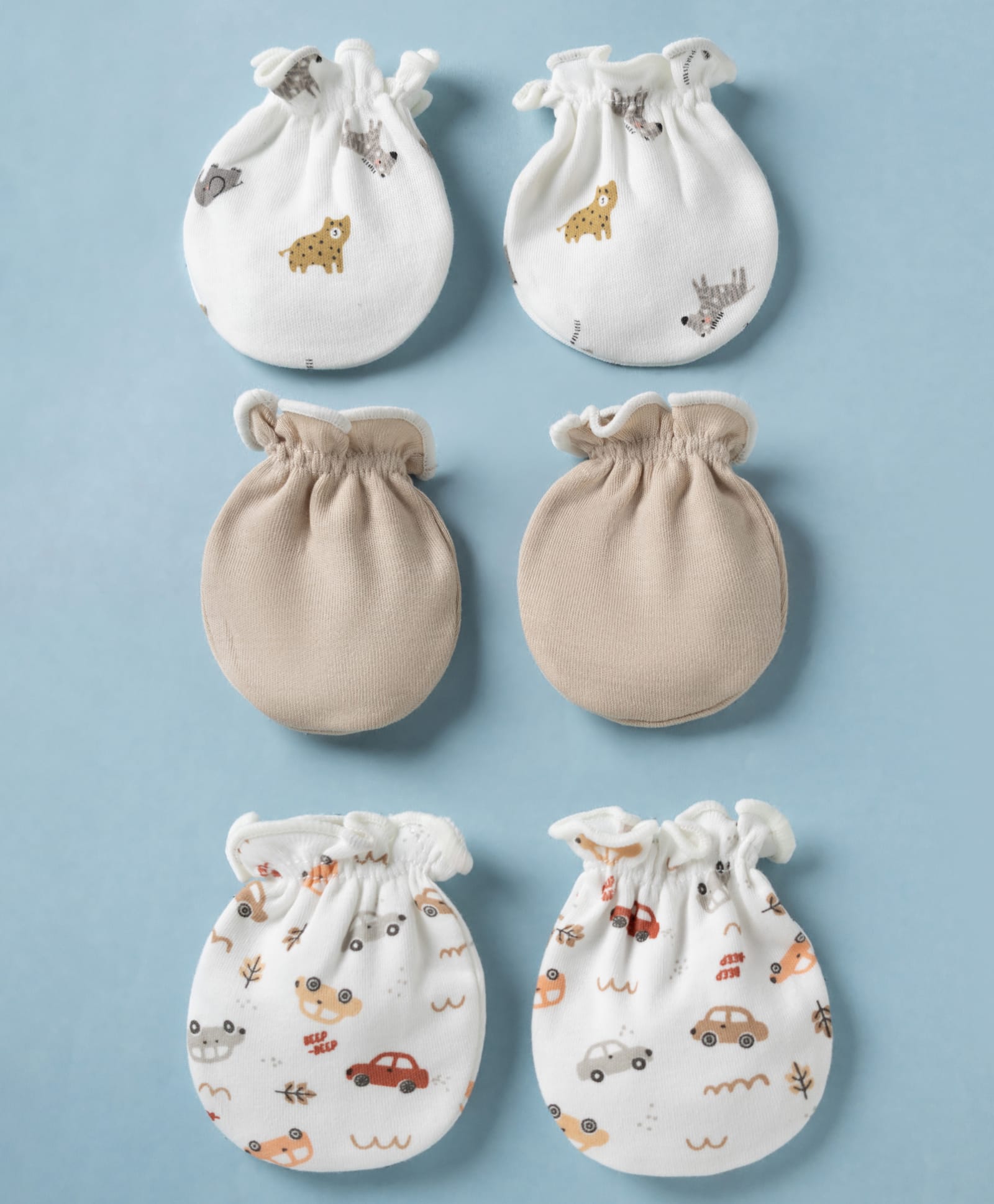 Ben Benny Interlock Knit Mittens Set With Vehicle & Animal Print Pack of 3 - White & Light Brown-image-39