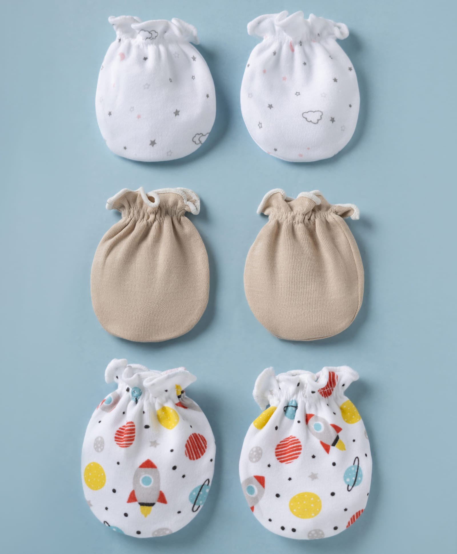 Ben Benny Interlock Knit Mittens Set With Star & Space Print Pack of 3 - White & Brown-picture-19
